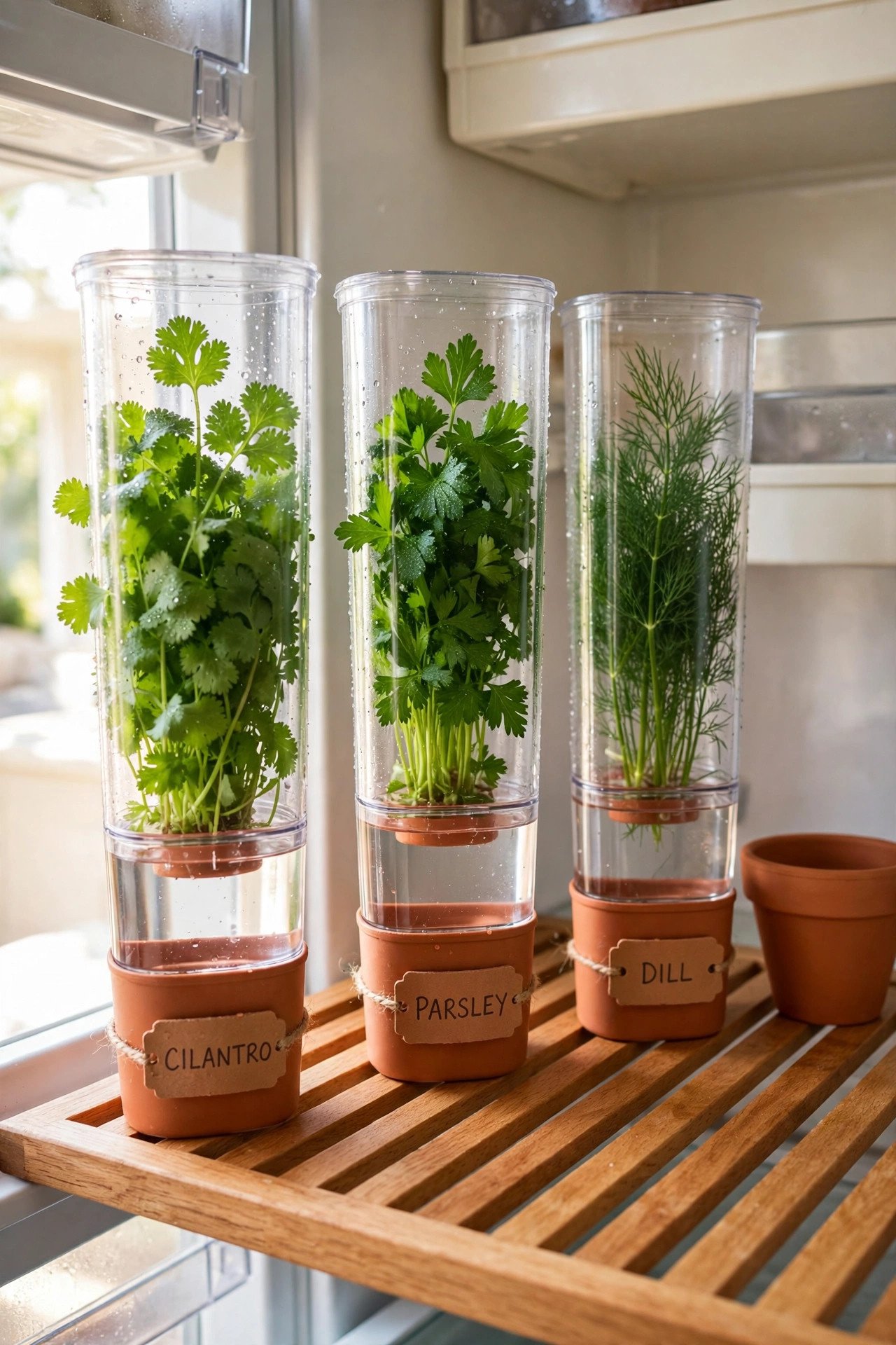 Herb saver pods with fresh cilantro and parsley adding green life to fridge organization