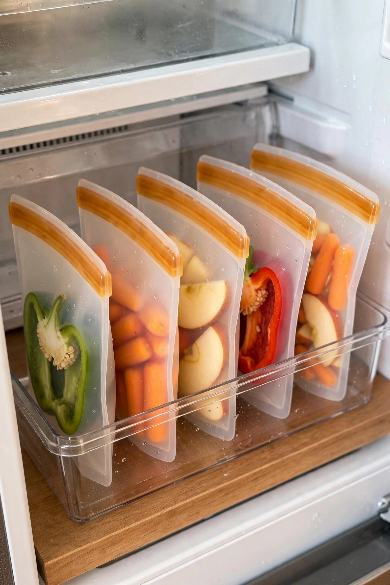Reusable silicone pouches with vegetables filed upright in an eco-friendly fridge organization drawer