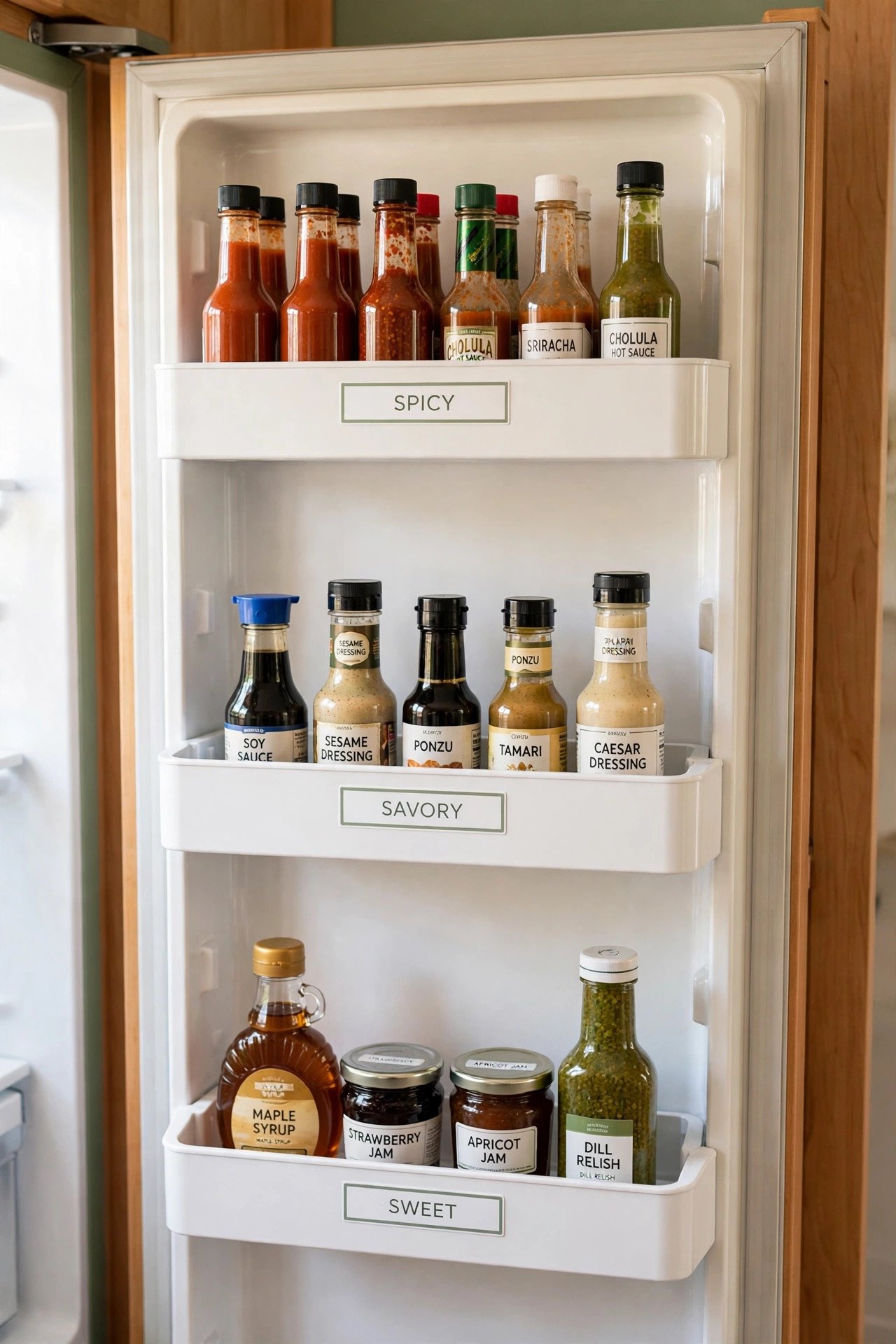 Slim door trays grouping condiment bottles by type for neat fridge organization