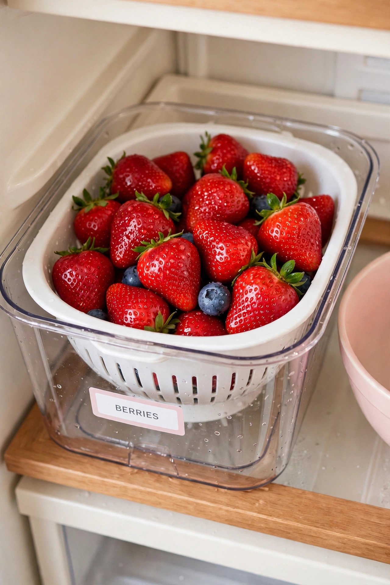 Clear colander bin with freshly washed strawberries for beautiful fridge organization