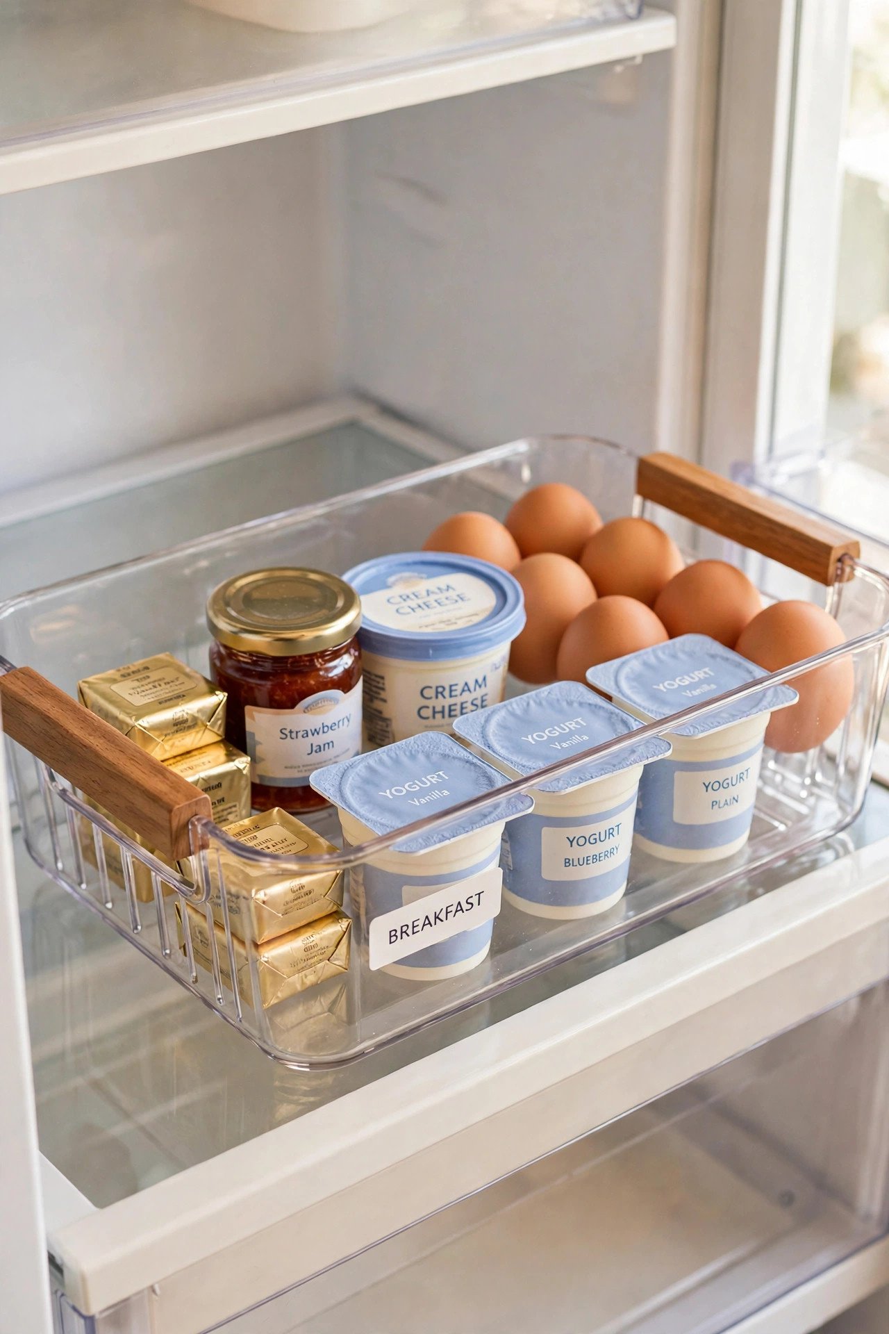 Breakfast basket with butter, jam, and yogurt jars as a fridge organization station