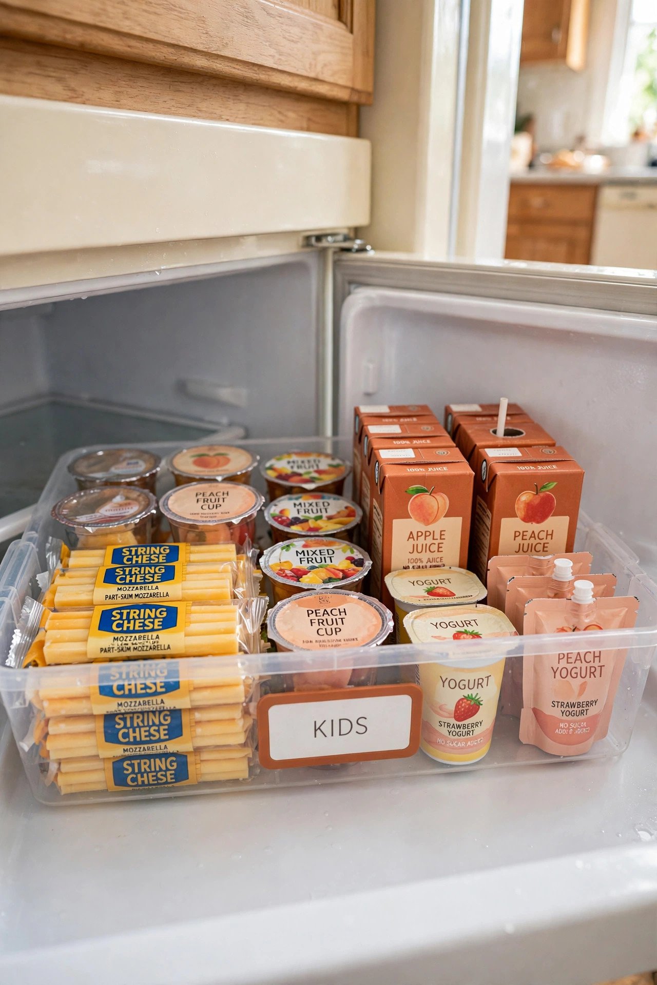 Low open bin with kid-friendly snacks on a bottom fridge shelf for family fridge organization