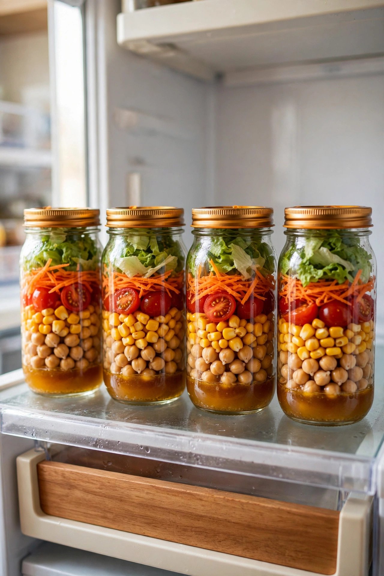 Row of mason jars with layered meal-prep salads for aesthetic fridge organization