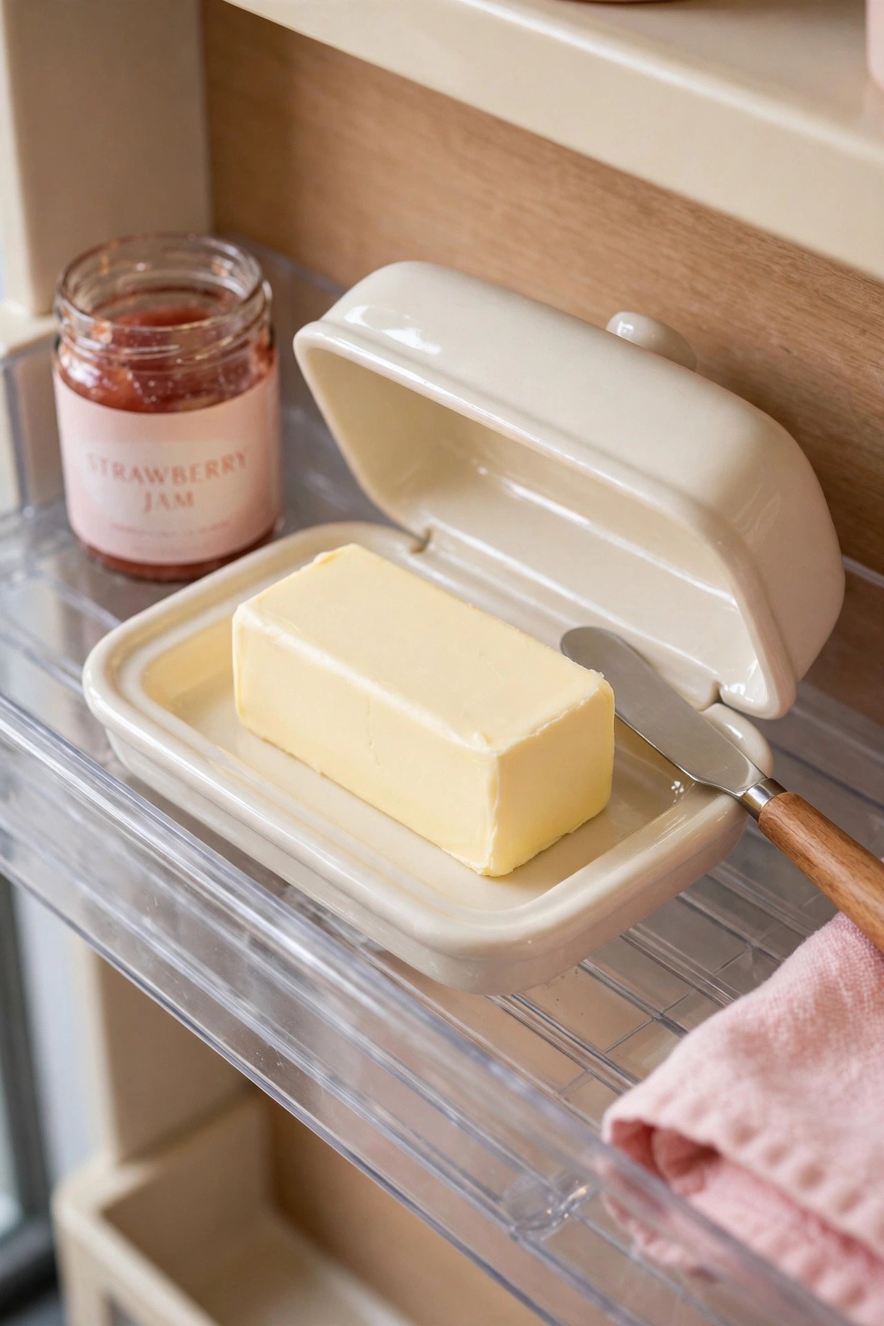 Ceramic butter dish with lid on a fridge door shelf in an aesthetic fridge organization setup