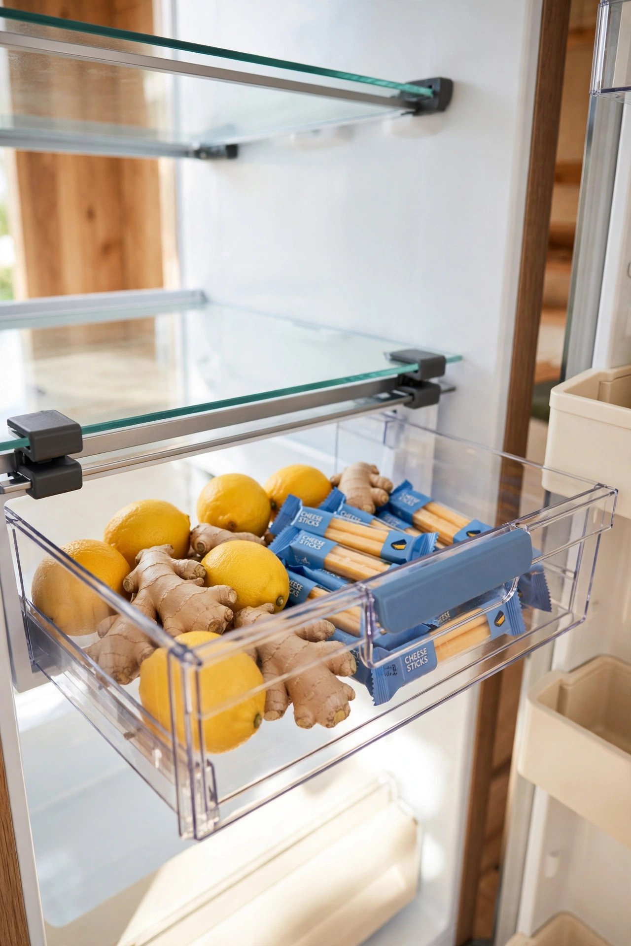 Clip-on under-shelf drawer holding lemons and small items for smart fridge organization