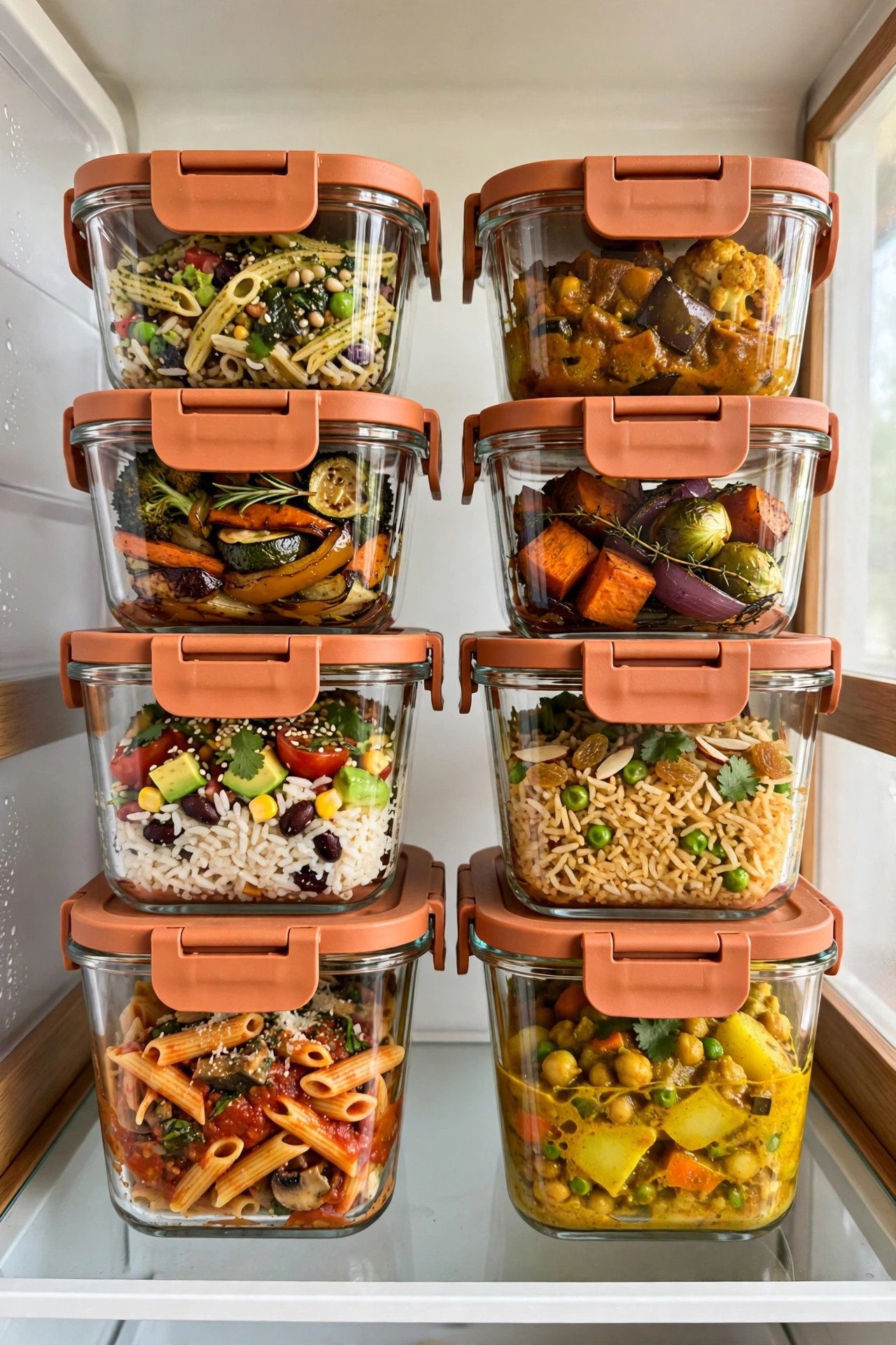 Stacked matching glass leftover containers on a fridge shelf for tidy fridge organization