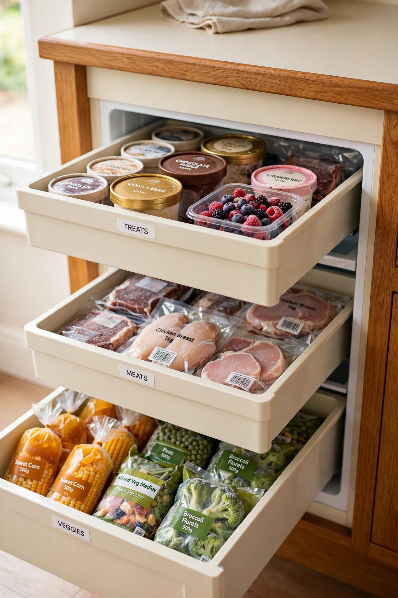 Deep pull-out freezer bins with categorized frozen food for complete fridge organization