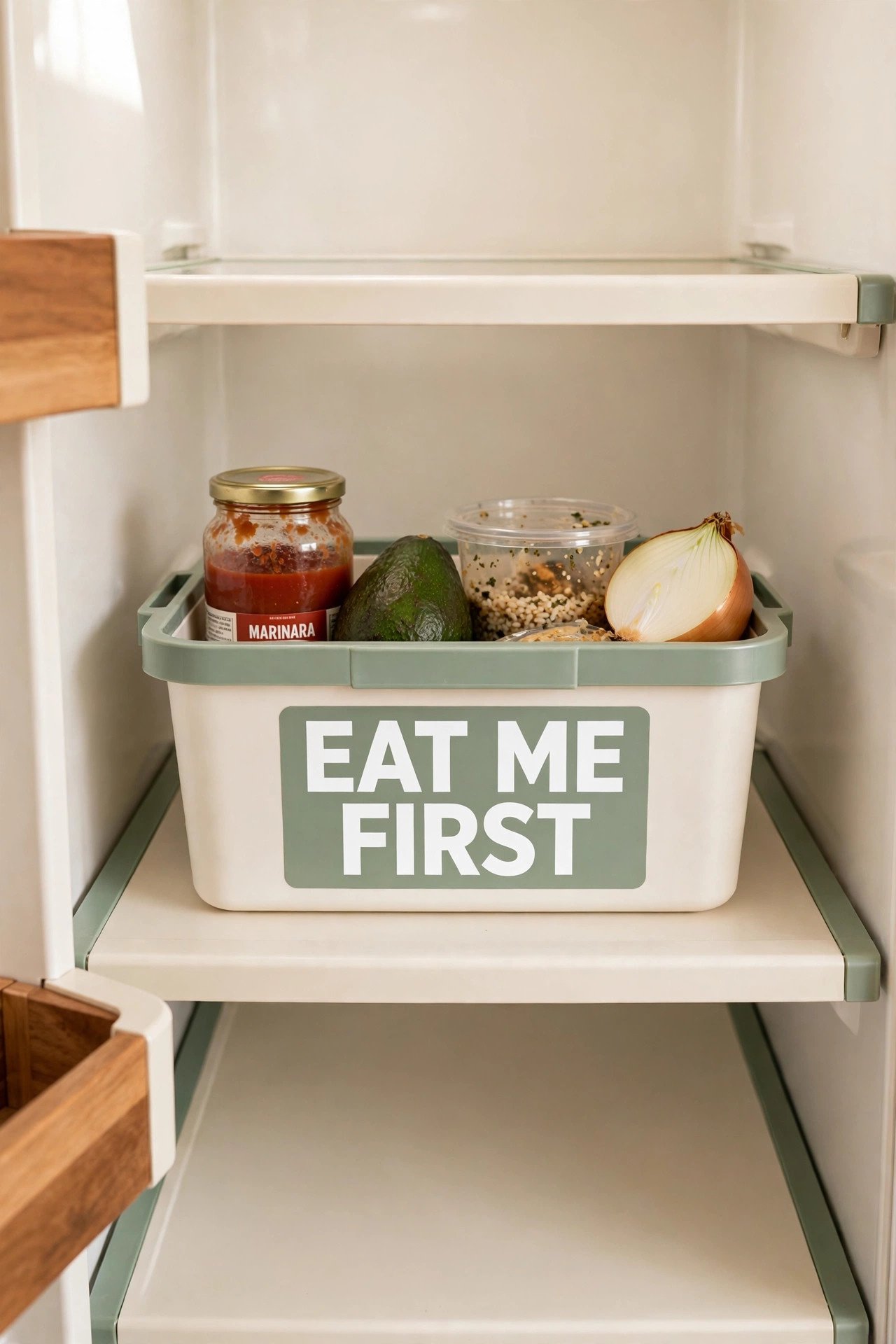 Labeled eat-me-first bin at eye level reducing food waste through smart fridge organization