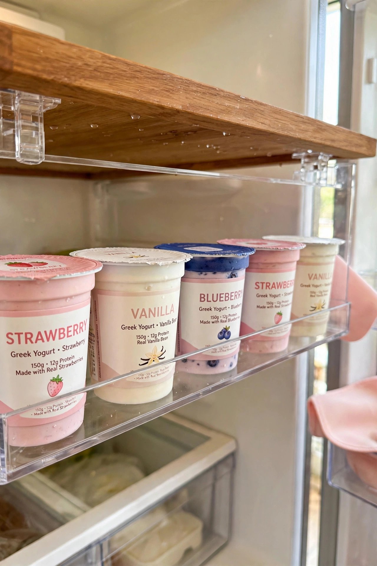 Yogurt cups lined up in a slim rack with labels forward for boutique-style fridge organization