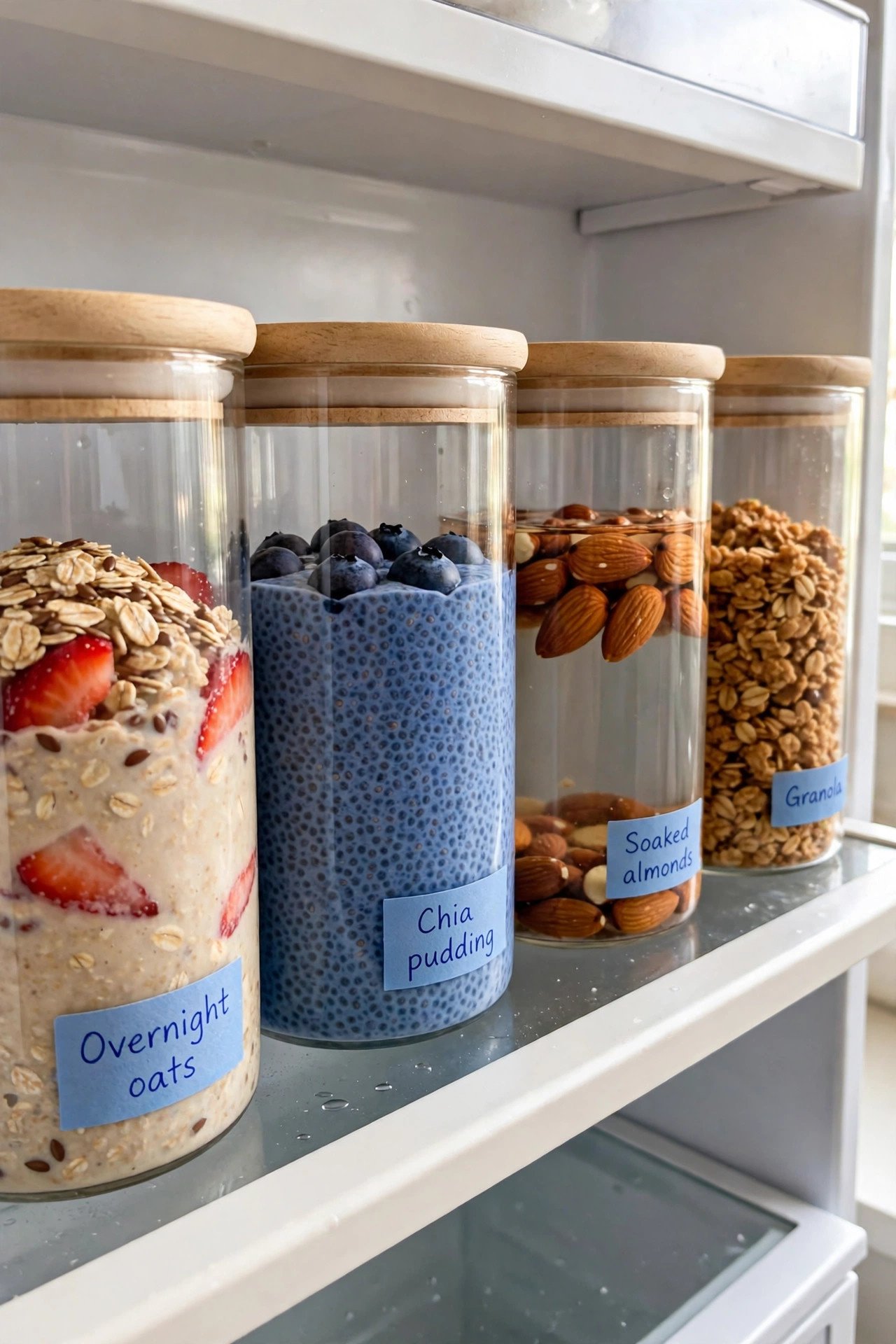 Glass canisters with wooden lids filled with oats and chia for warm fridge organization style