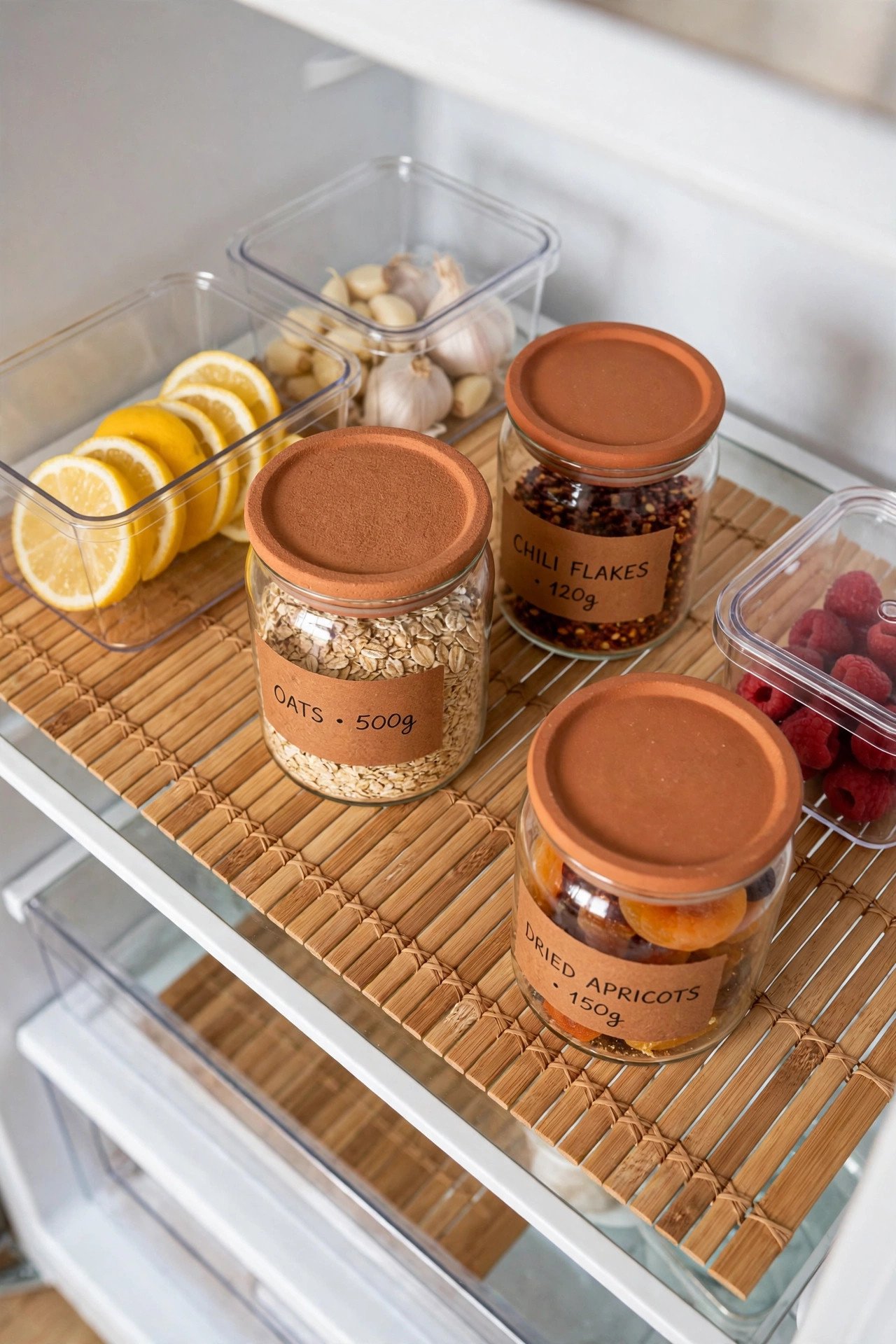 Bamboo shelf liner mats under clear bins adding warmth to aesthetic fridge organization
