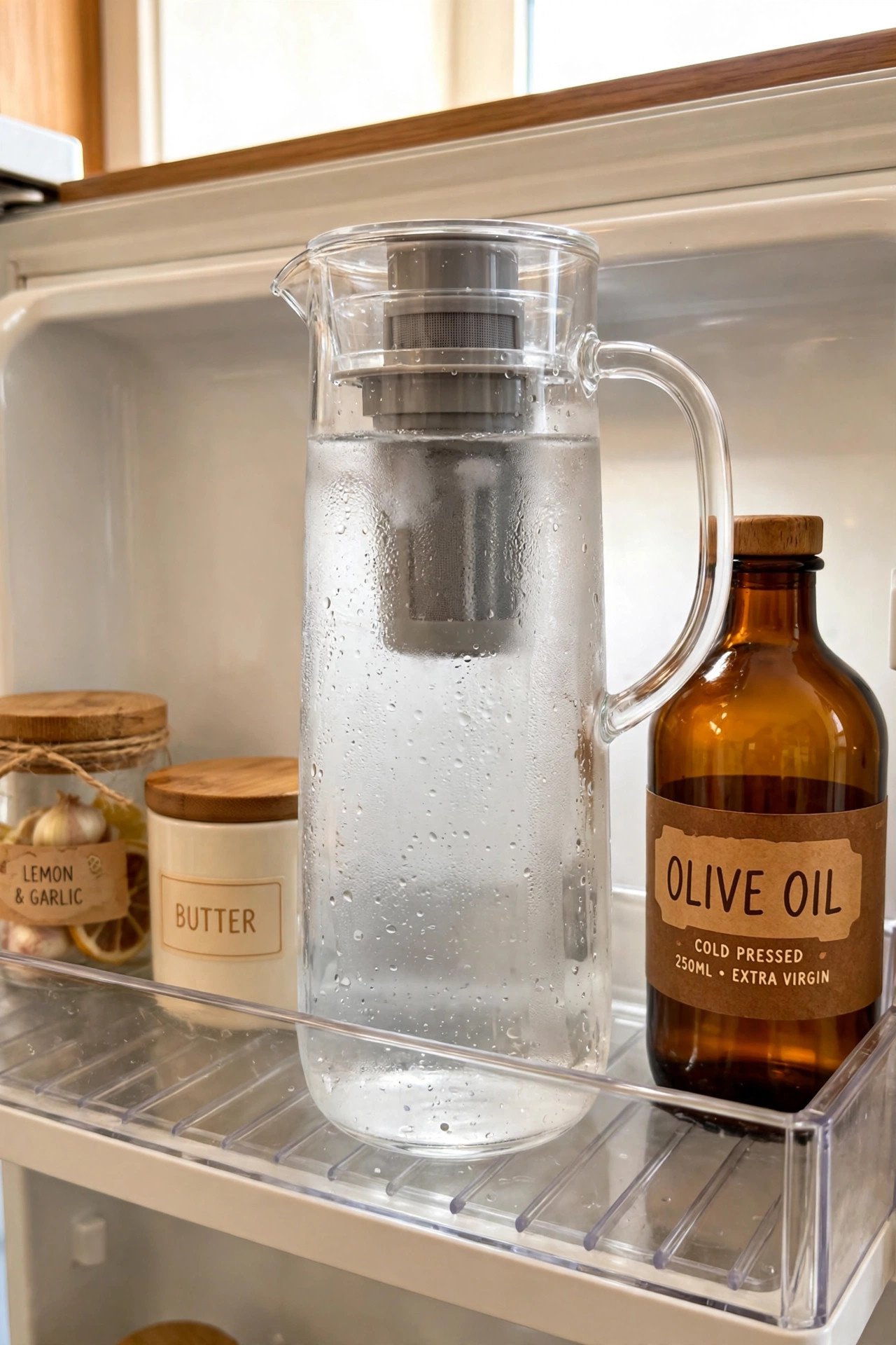 Slim glass water pitcher parked on a fridge door shelf for fresh fridge organization