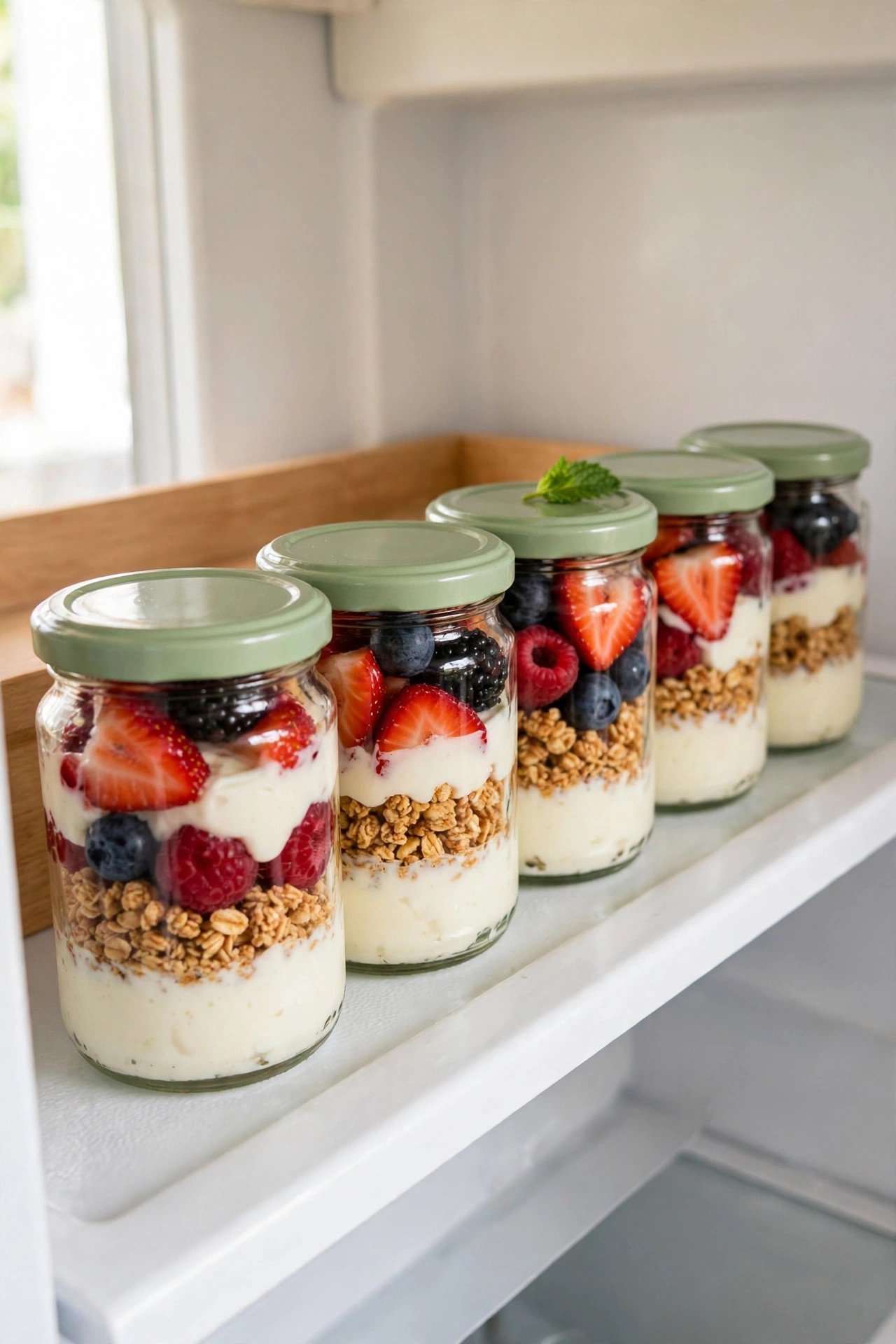 Small jars layered with yogurt, berries, and granola for photogenic fridge organization