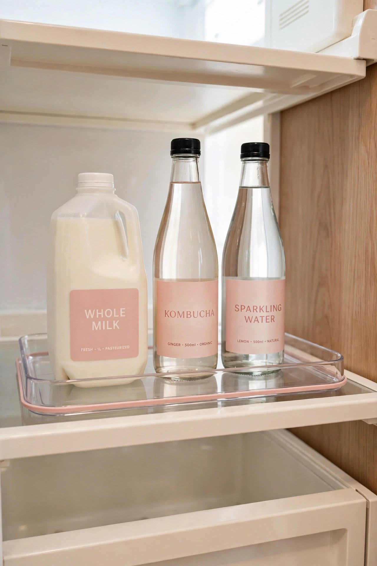 Clear spill-catcher tray under milk jugs and bottles keeping fridge organization spotless