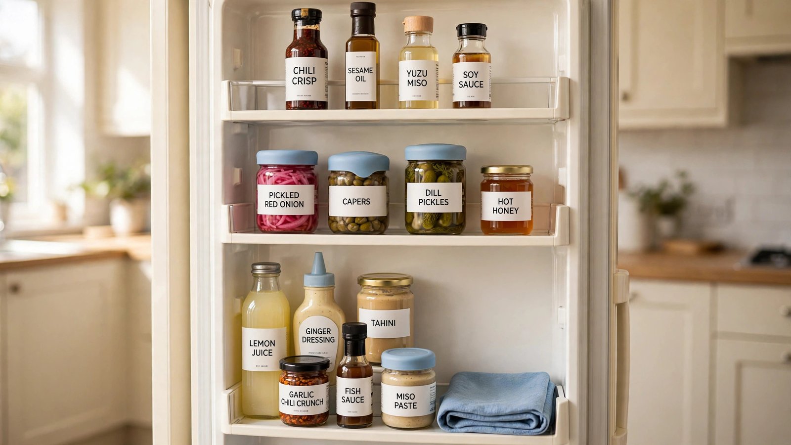 Neatly organized refrigerator door with labeled bins holding small bottles and condiments