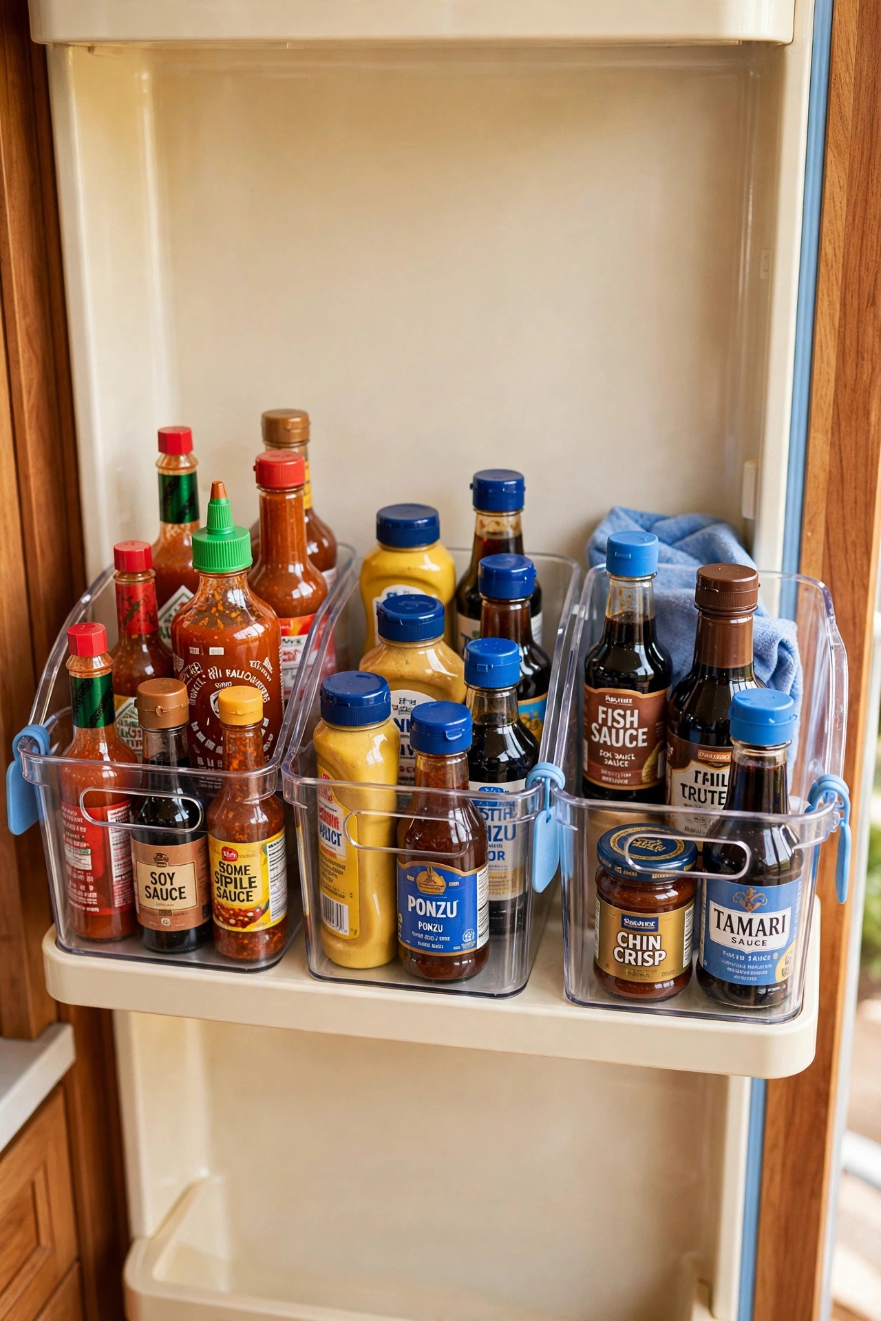 Clear bins holding small sauce bottles in an organized refrigerator door