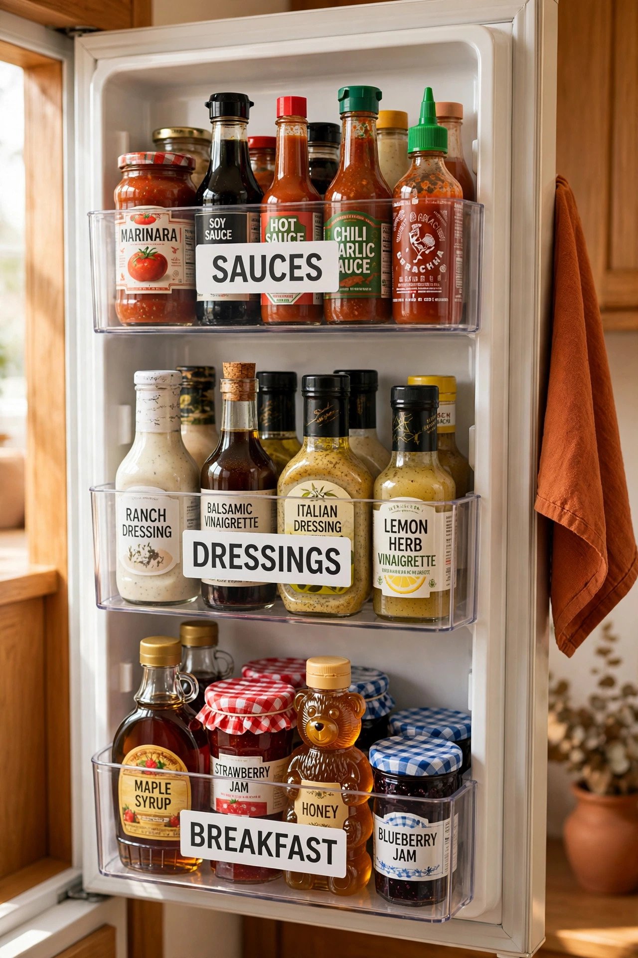 Labeled bins with dressings and condiments in a refrigerator door organization setup