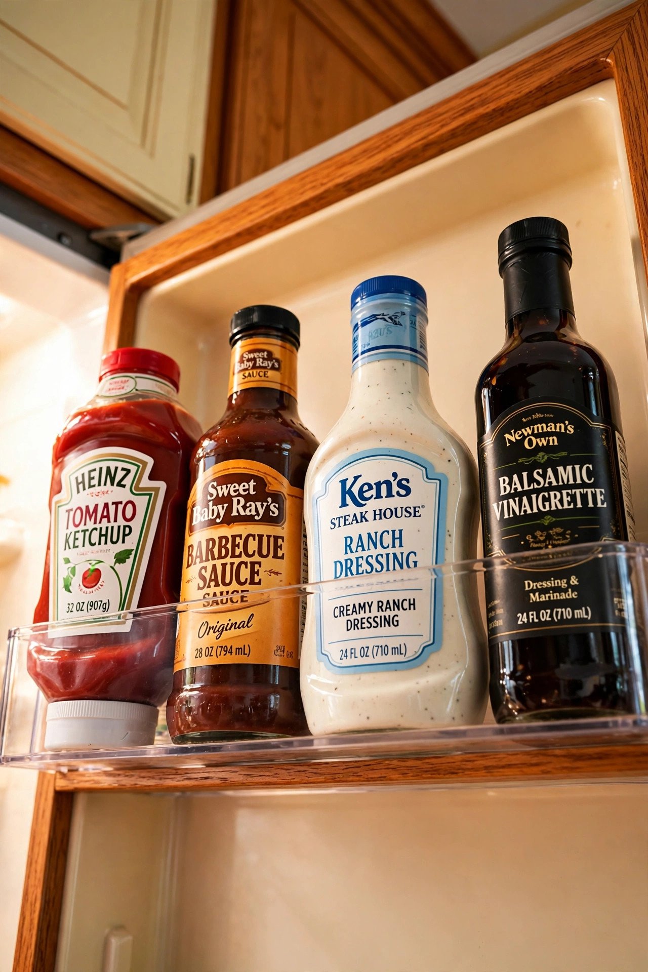 Tall ketchup and sauce bottles standing upright on a deep refrigerator door shelf