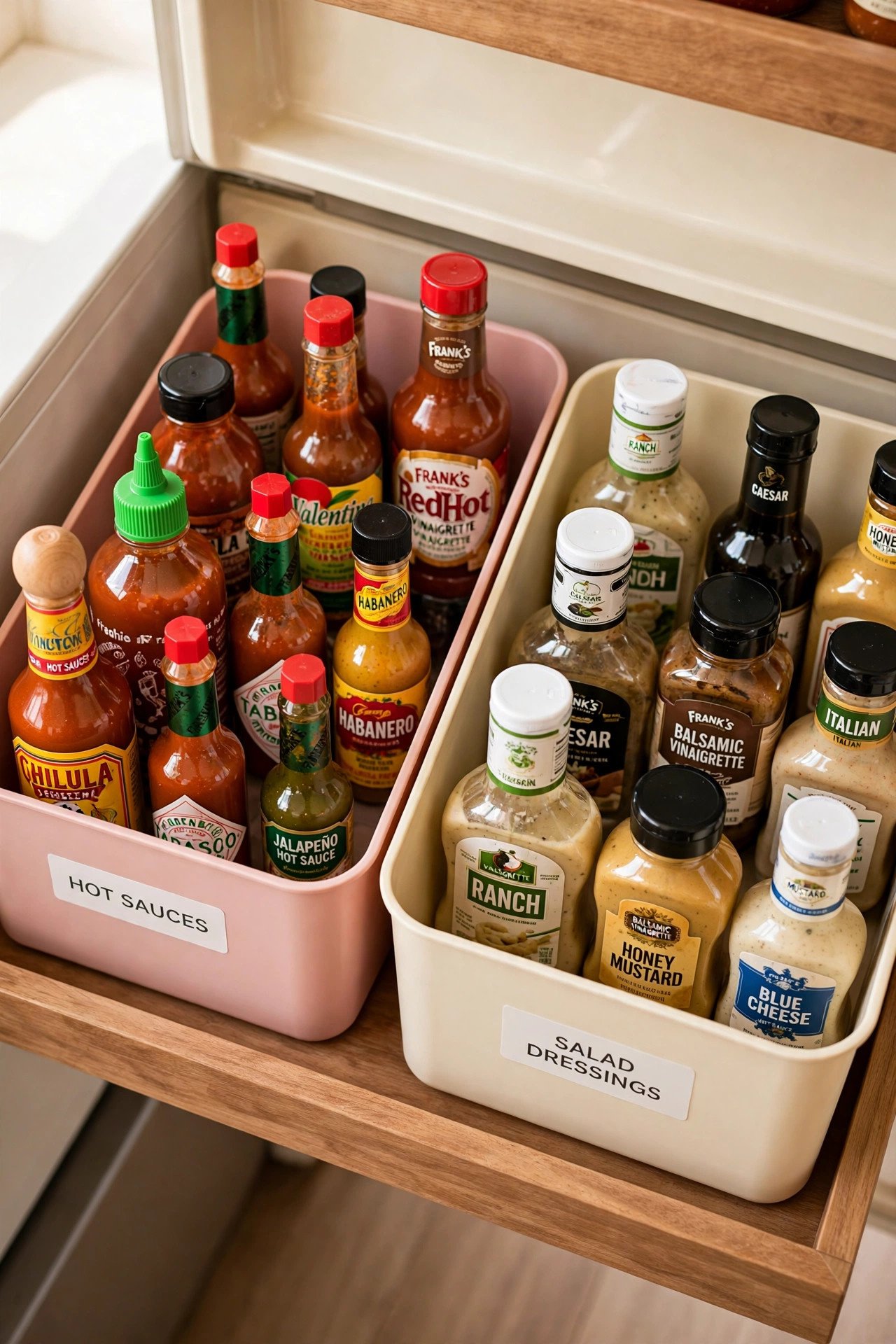 Sauce zones with hot sauces and a labeled dressing bin in a refrigerator door