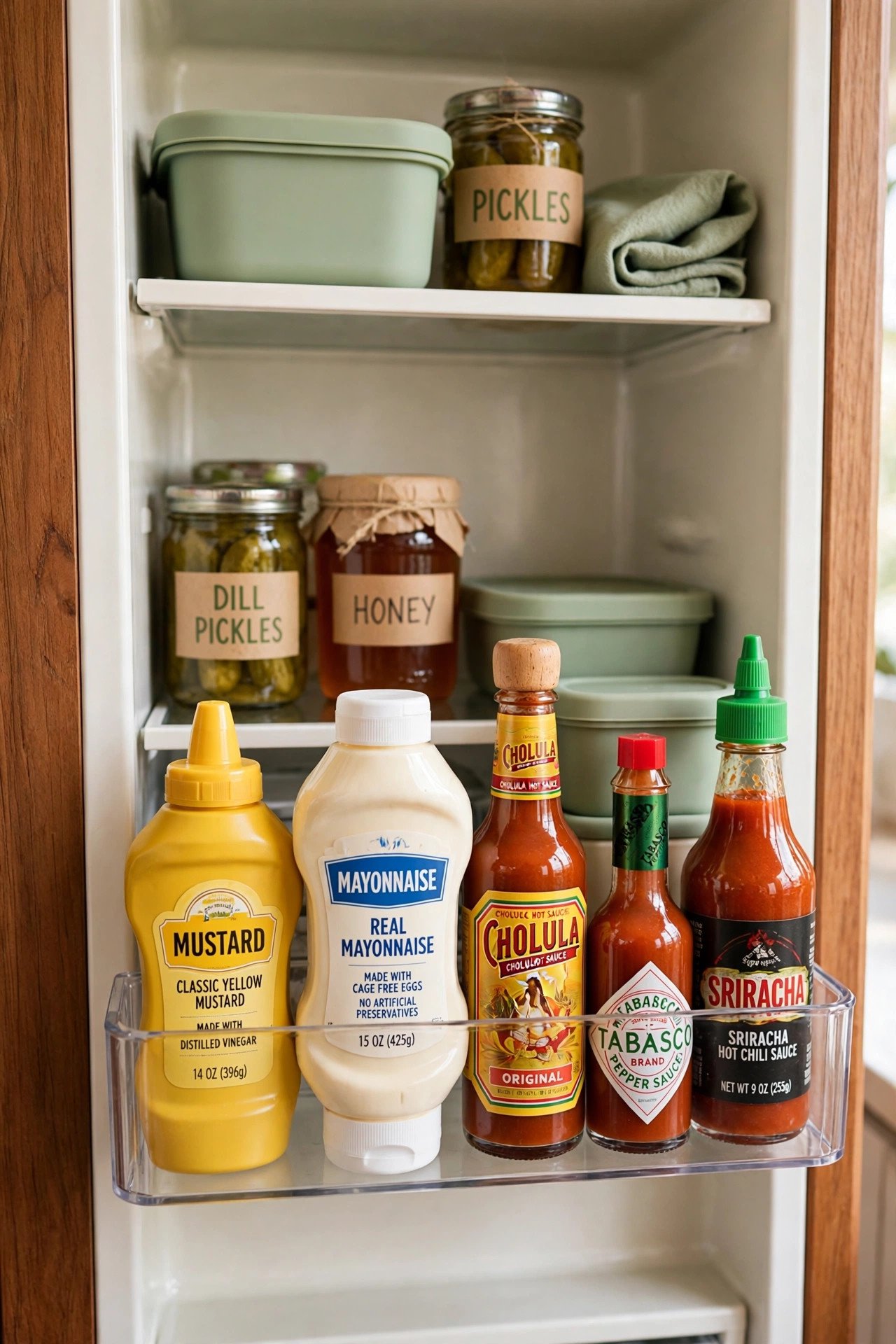 Everyday mustard and mayonnaise bottles at eye level in an organized refrigerator door