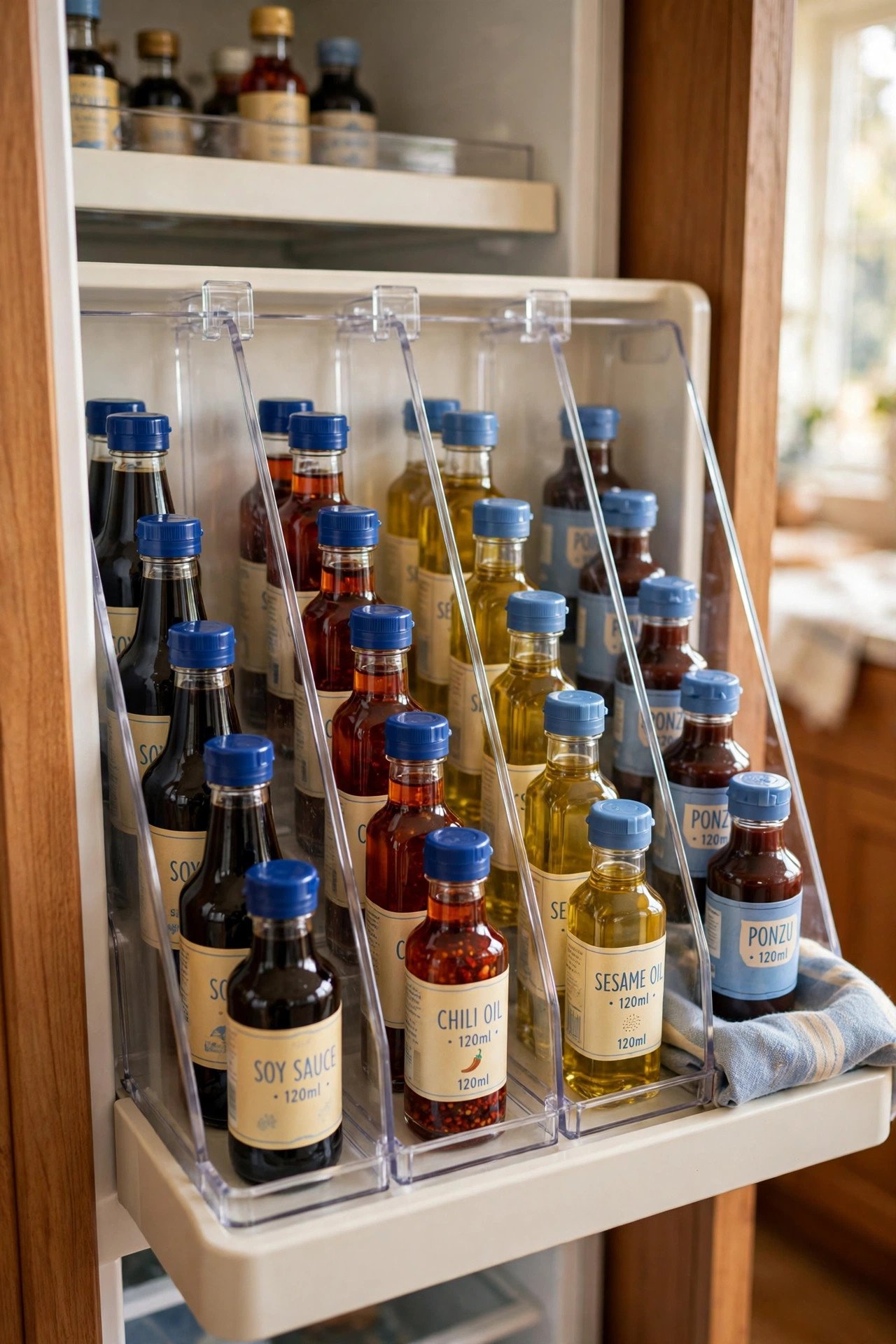 Slim dividers creating neat lanes of small bottles on a refrigerator door shelf