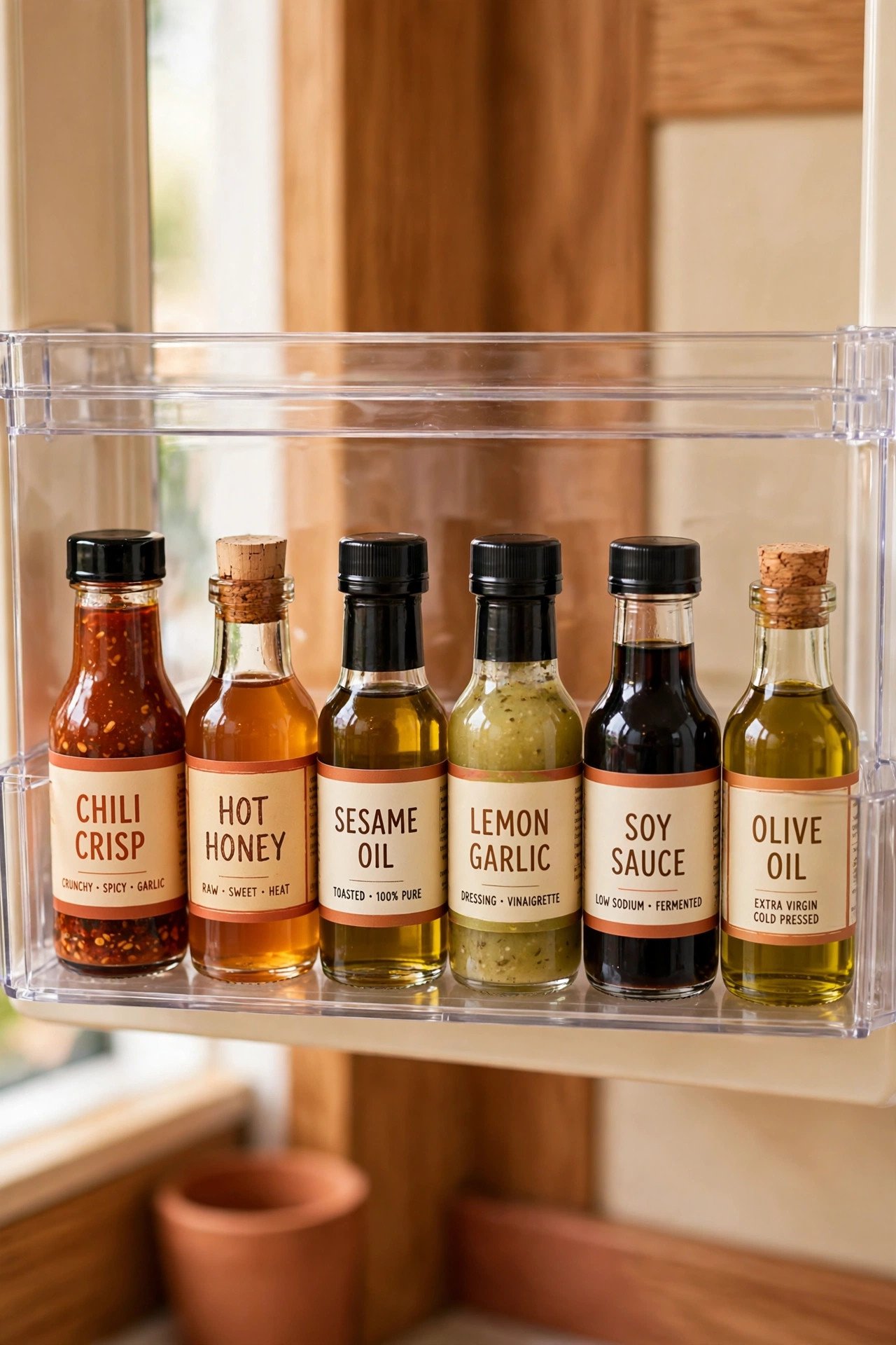 Fast-grab shelf with most-used small bottles in a refrigerator door