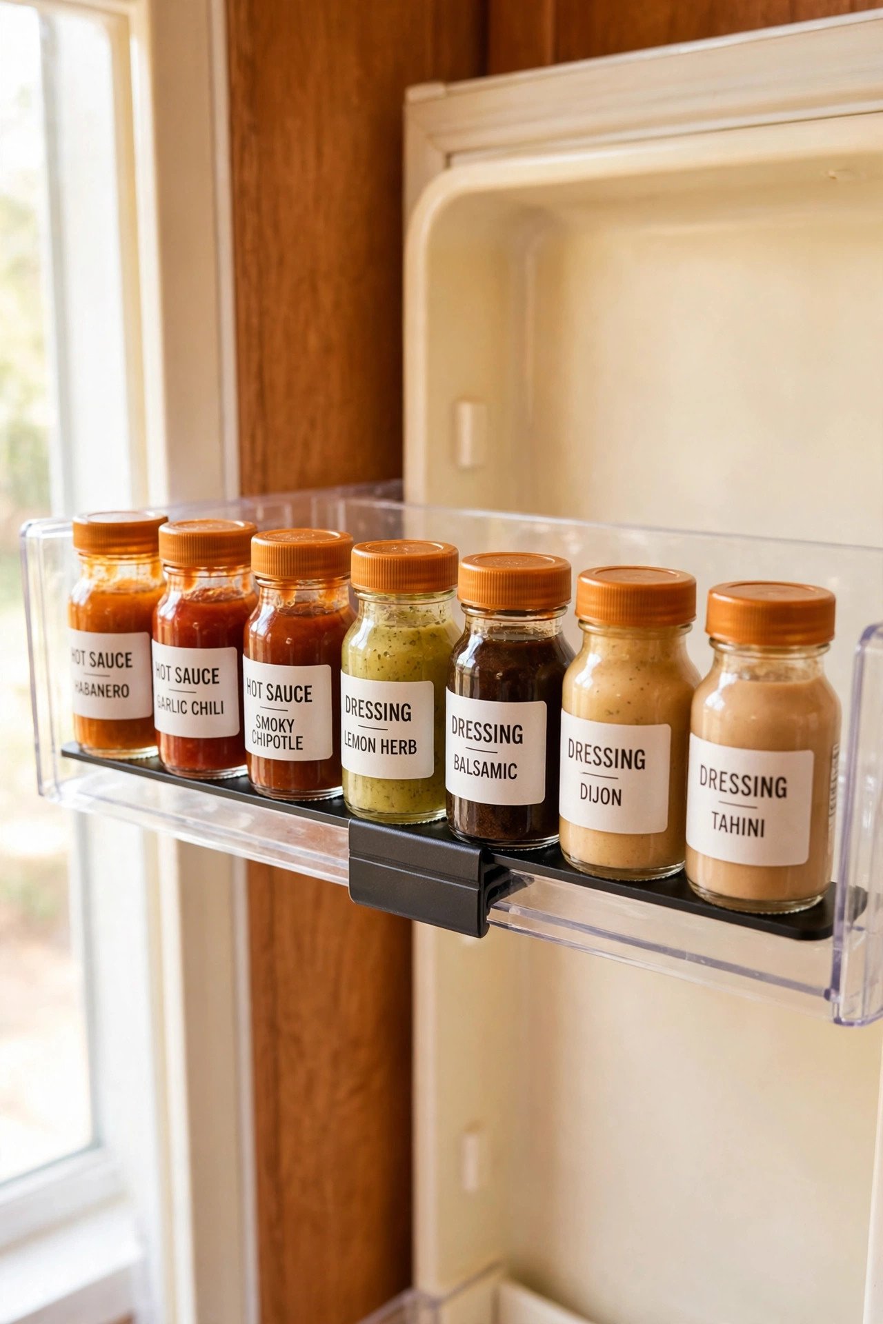 Slim clip-on rack holding tiny jars upright in a refrigerator door