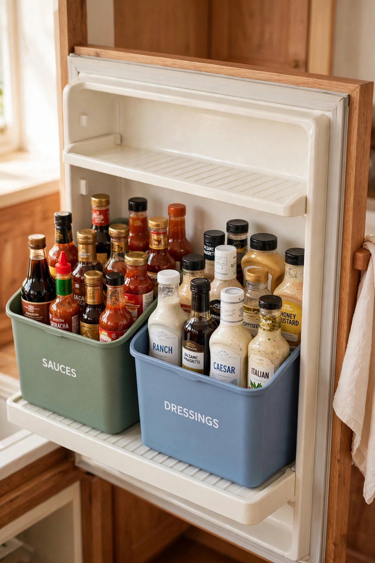 Color-coded sage green and blue bins organizing small bottles in a refrigerator door