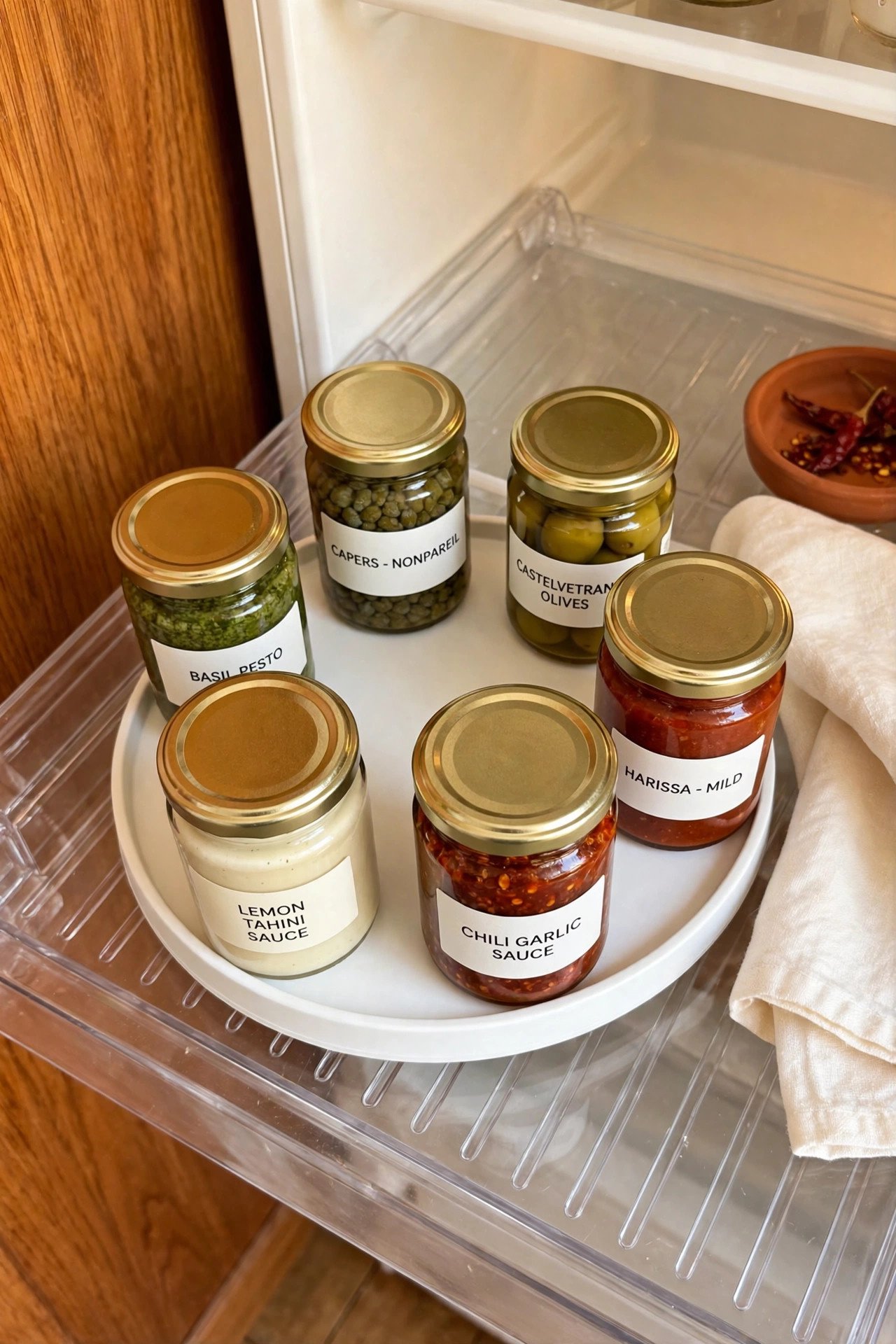 Small turntable with jars and condiments spinning on a refrigerator door shelf