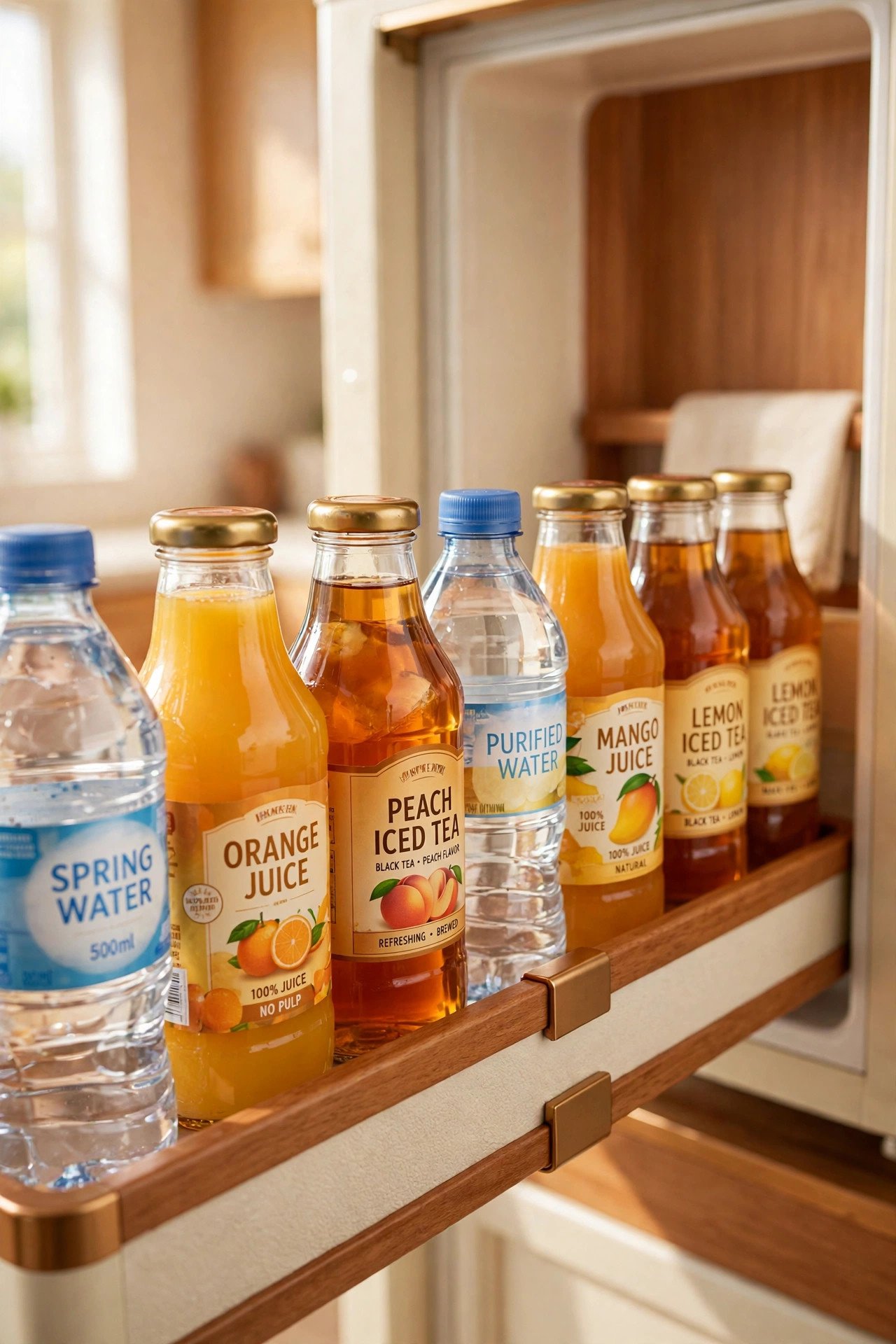 Drink station of bottled water and juice lined up in a refrigerator door
