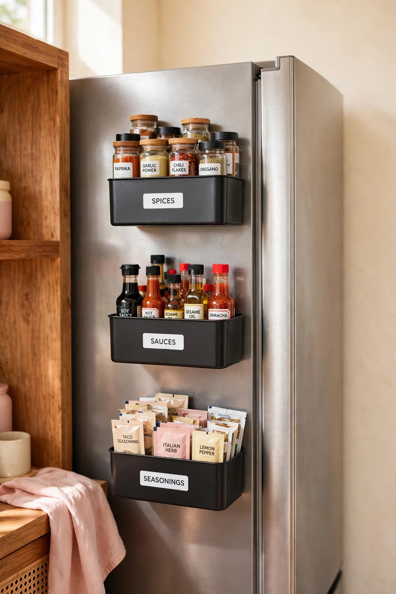 Magnetic bins with spice jars stuck on the side of a stainless refrigerator