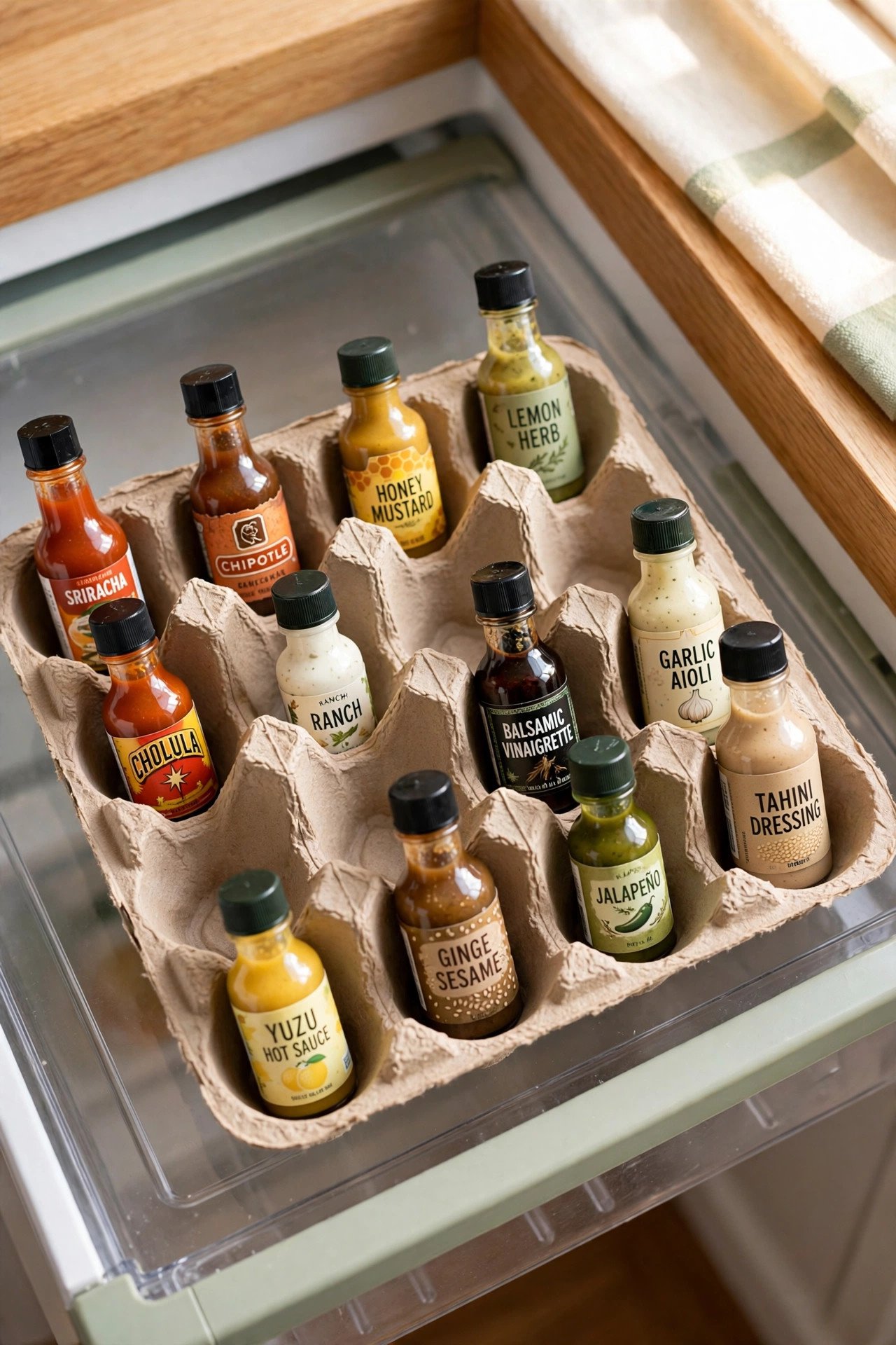 Egg carton holding small upside-down condiment bottles on a refrigerator door shelf