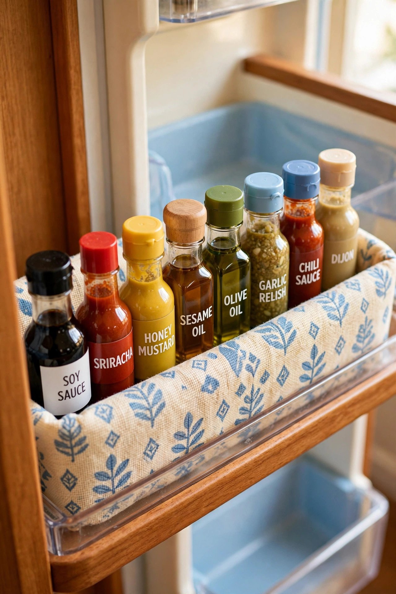 Washable shelf liner under small condiment bottles in a refrigerator door