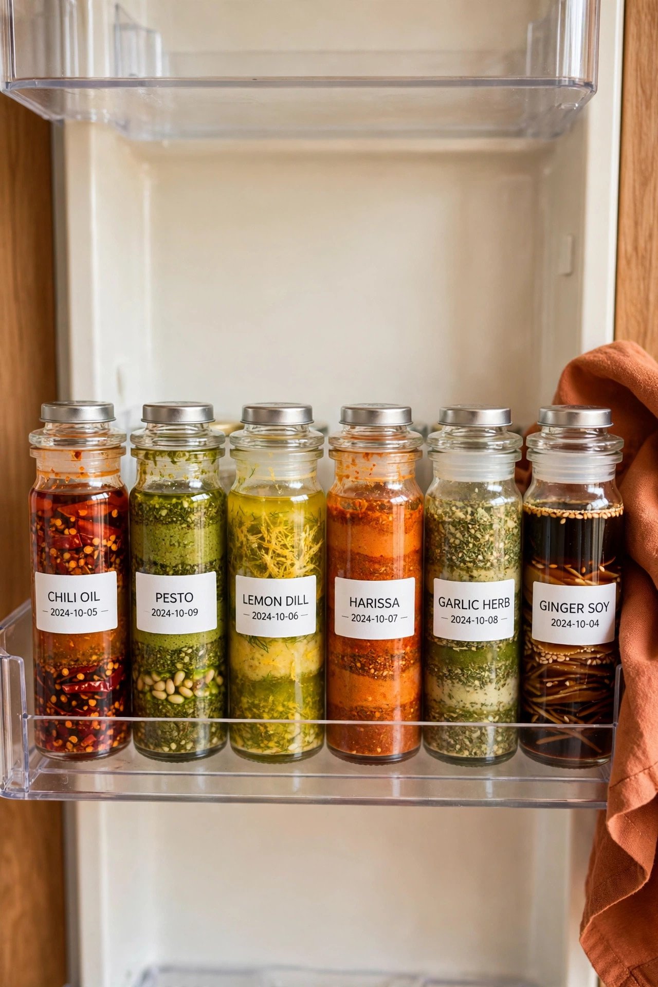 Small glass jars with decanted sauces lined up in a refrigerator door