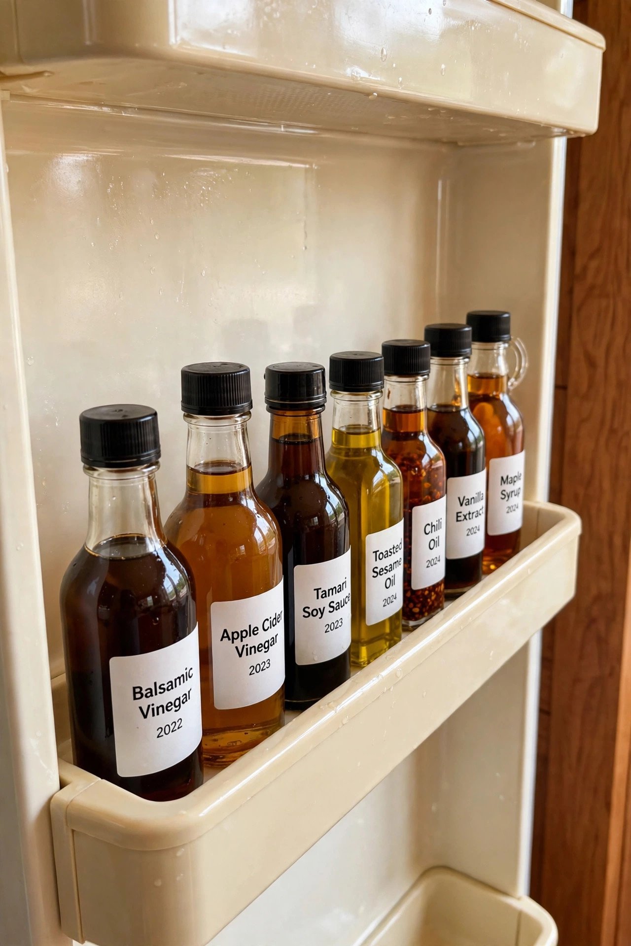 Freshly wiped clean refrigerator door shelf with a neat row of small labeled bottles