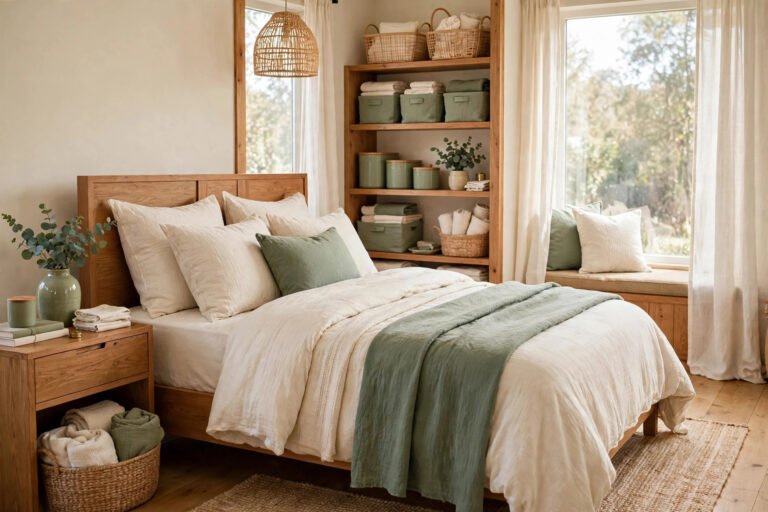 Cozy bedroom refreshed with layered bedding and warm light, no new furniture