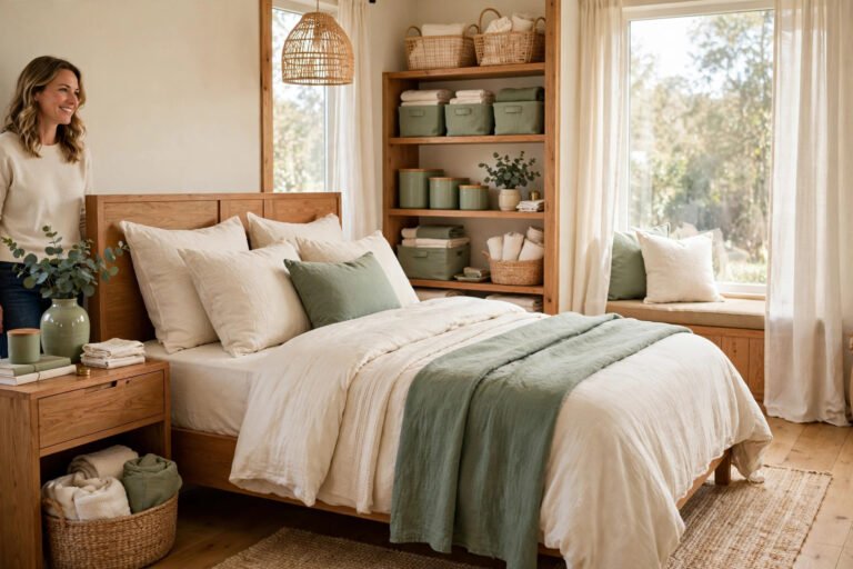 Cozy bedroom refreshed with layered bedding and warm light, no new furniture