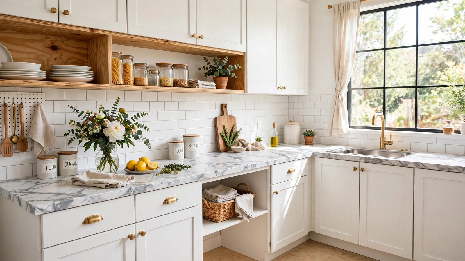 Budget kitchen with DIY faux marble countertop, white shaker cabinets and brass hardware