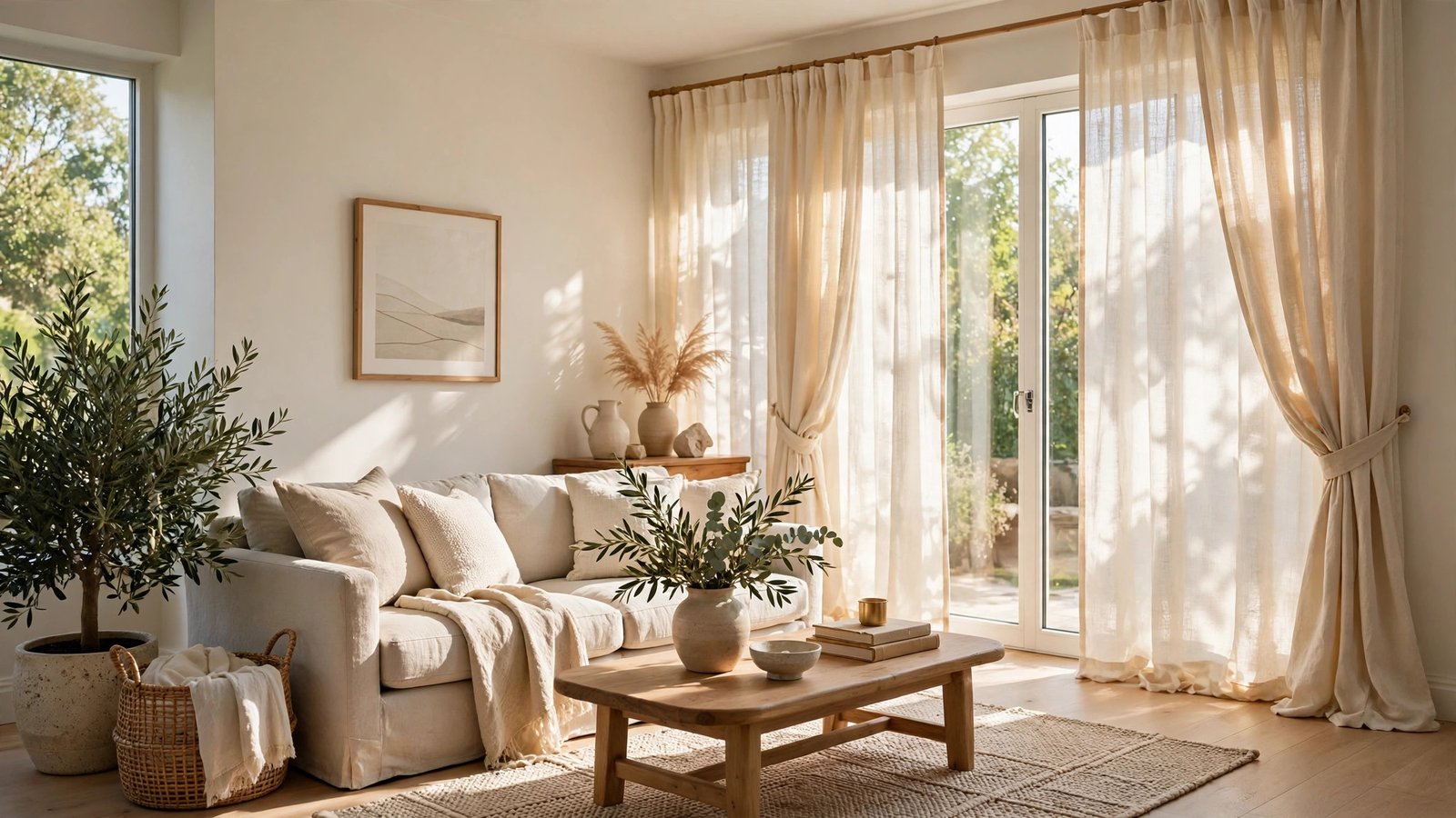 Living room with floor to ceiling DIY curtains in warm ivory linen