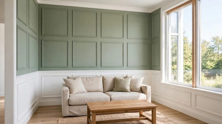 Elegant living room with affordable white wainscoting panels in bright daylight