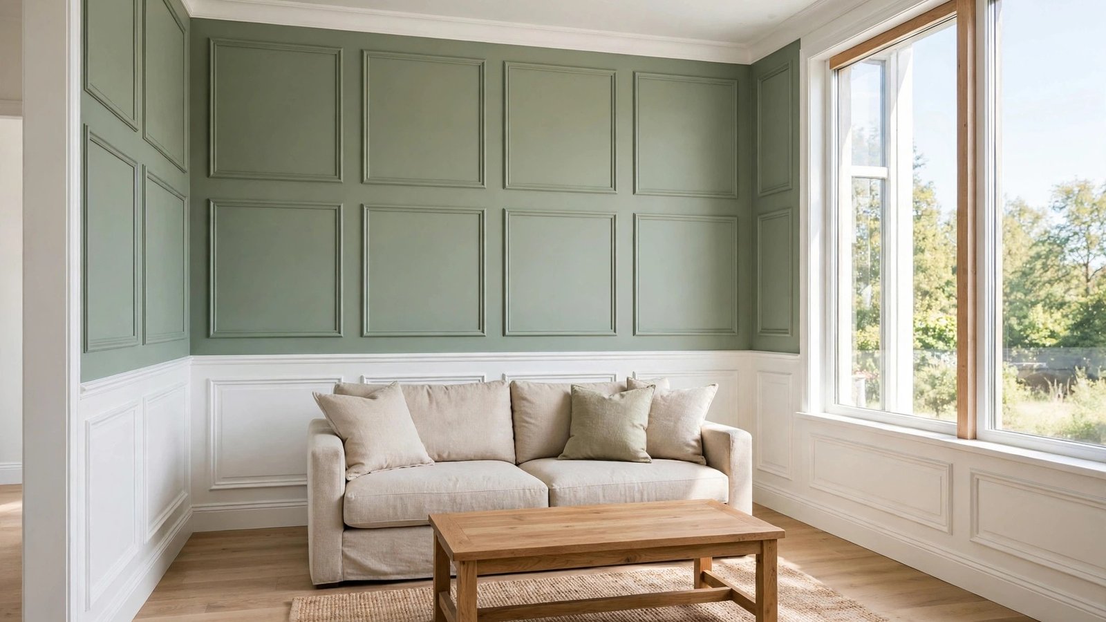 Elegant living room with affordable white wainscoting panels in bright daylight
