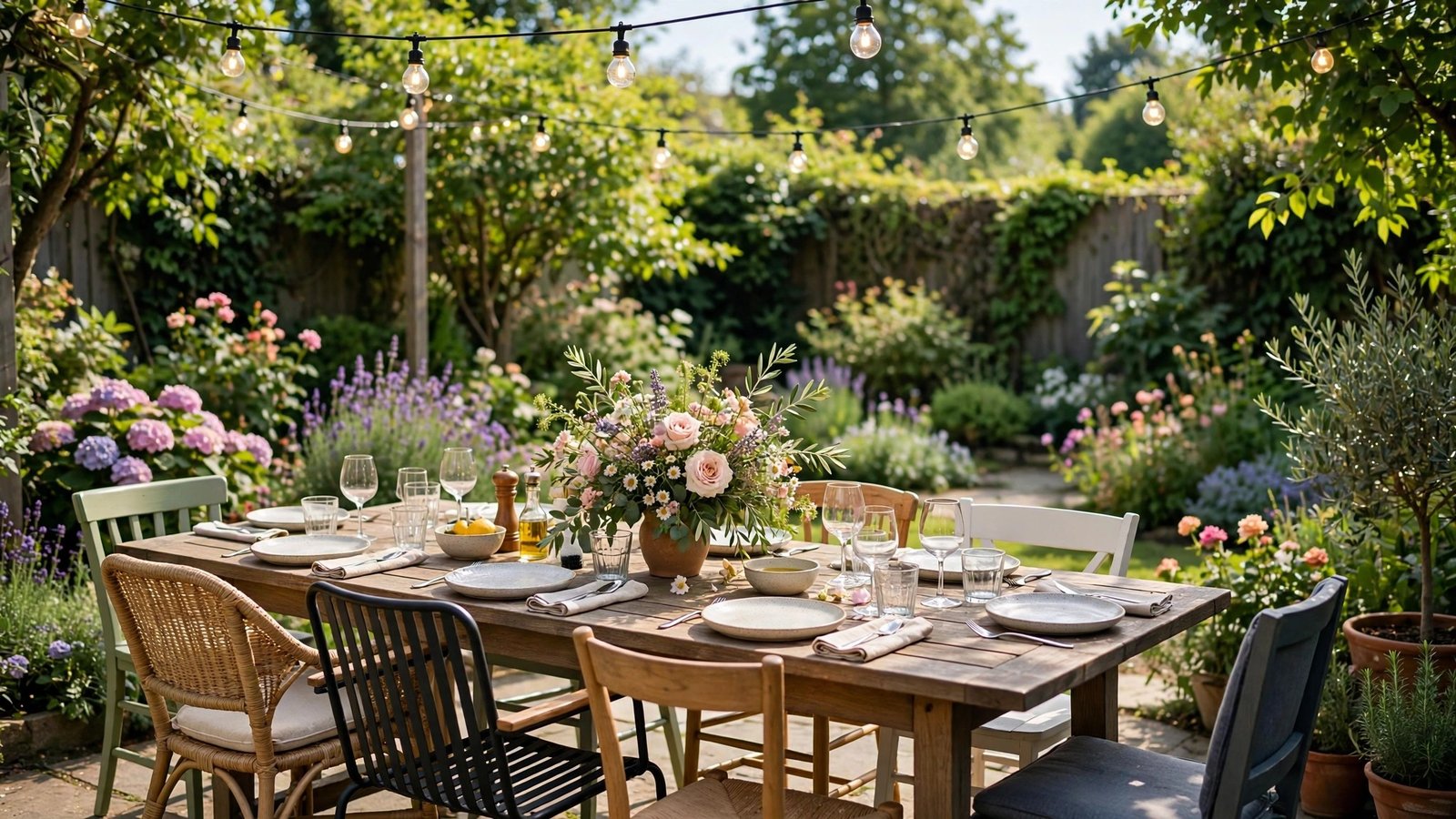 Backyard dining area with a long wooden table set for dinner under string lights at golden hour