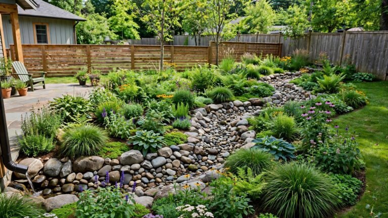 Backyard with a decorative dry creek bed of river stones winding through lush rain garden planting in daylight