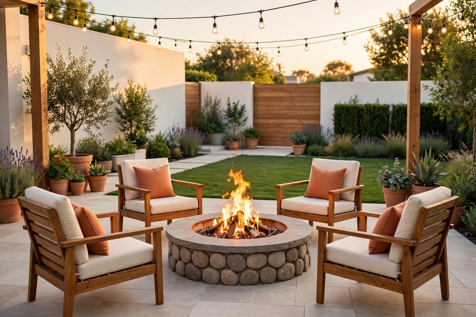 Cozy backyard fire pit area with a stone fire pit, wooden chairs with terracotta cushions, and string lights at golden hour.