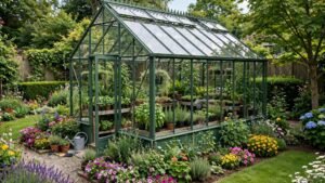 Beautiful glass greenhouse in a lush backyard garden surrounded by colorful flower beds in daylight