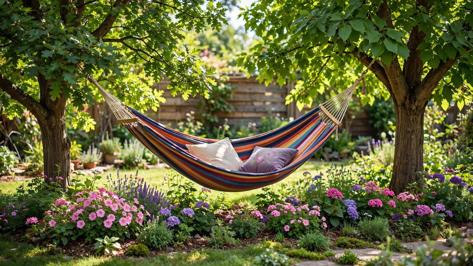 Hammock swaying between two trees in a sunny backyard garden