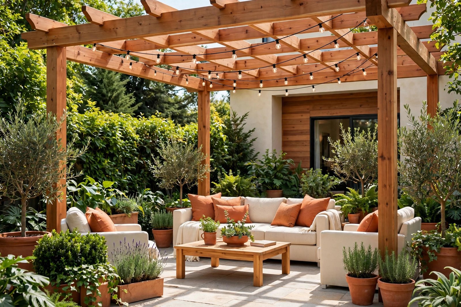 A warm cedar pergola with terracotta cushions and string lights creating a cozy outdoor retreat on a stone patio.