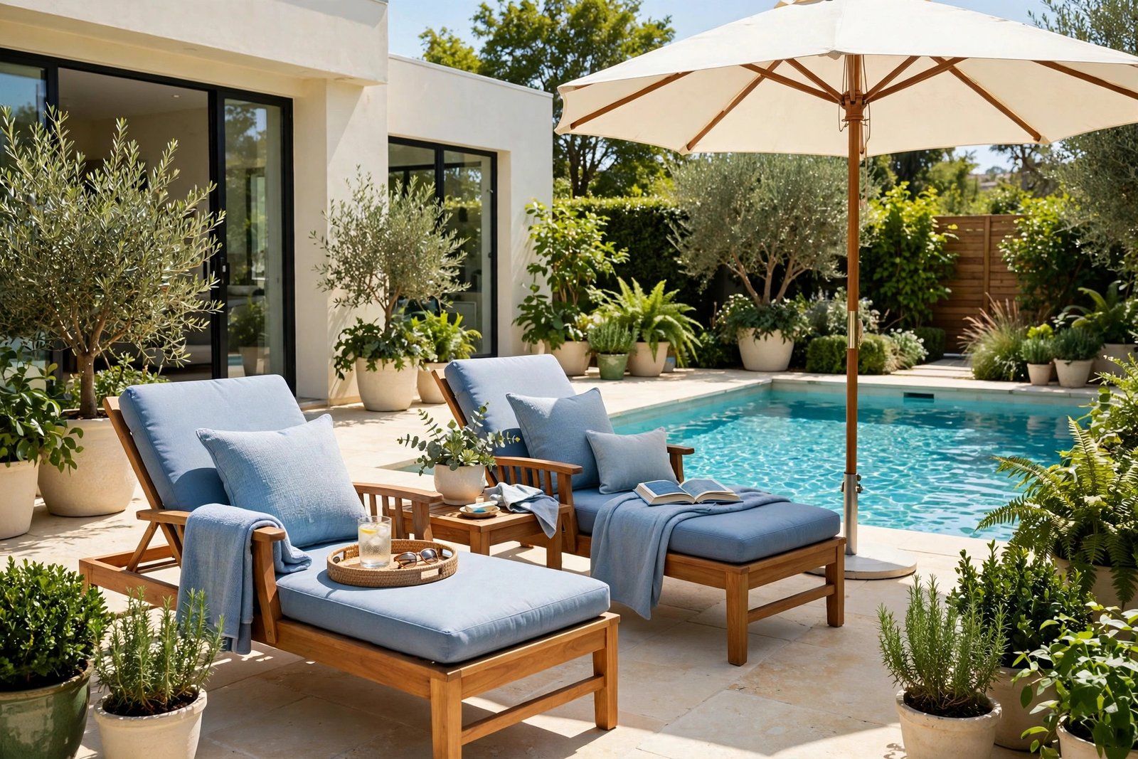 A resort-style backyard pool with a cream stone deck, teak lounge chairs with soft blue cushions, and turquoise water in bright daylight.
