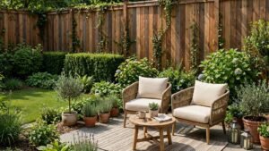 Private backyard with a tall wooden privacy fence, lush landscaping and a cozy patio in daylight