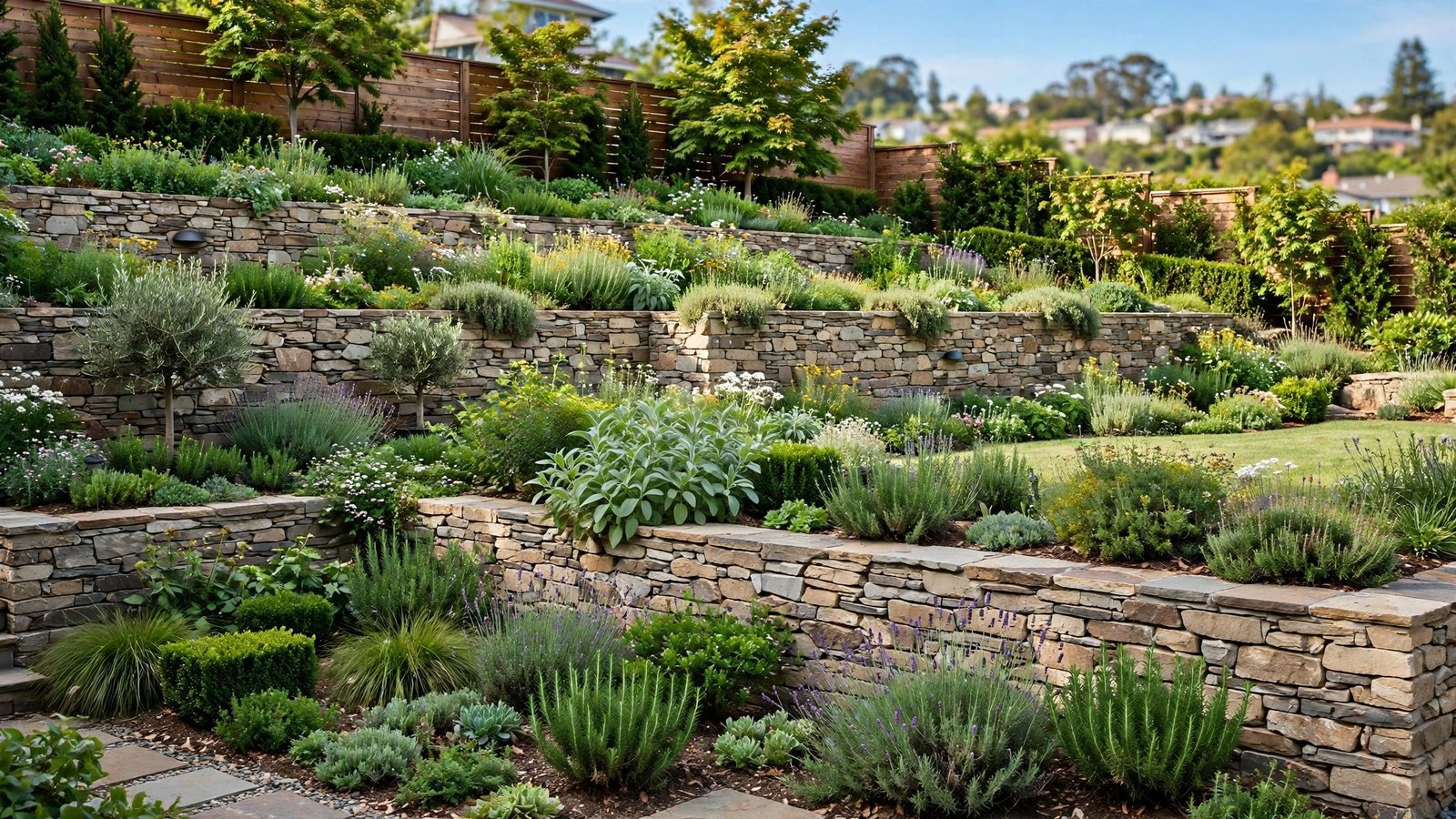 Sloped backyard with tiered natural stone retaining walls and lush terraced gardens in daylight